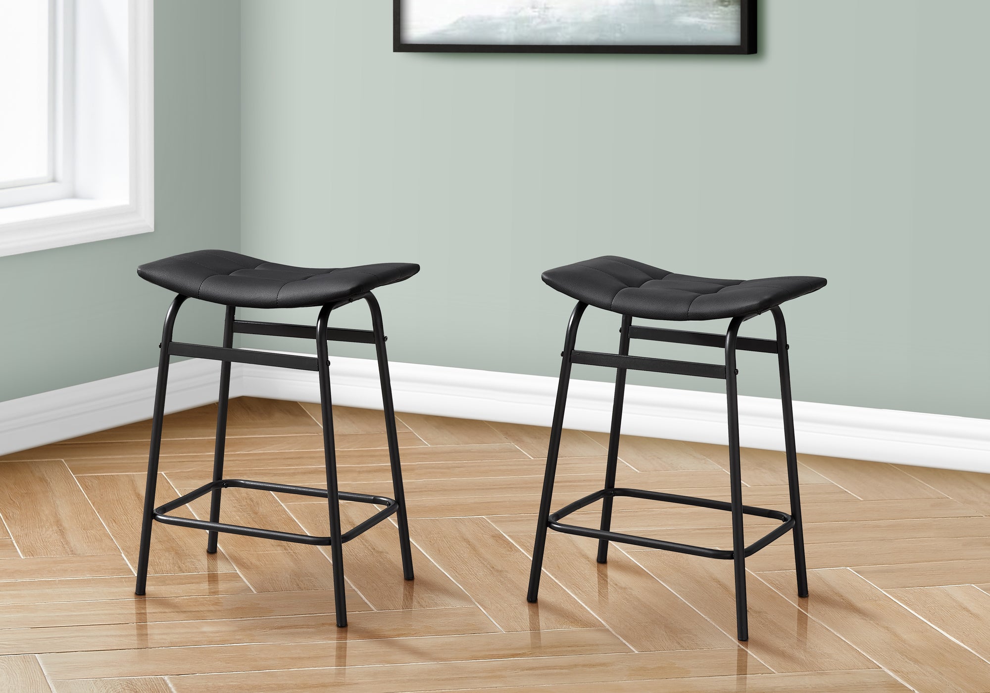 MN-U812384    Barstool, Counter Height, Set Of 2, Kitchen, Black Leather Look, Black Metal, Contemporary, Modern