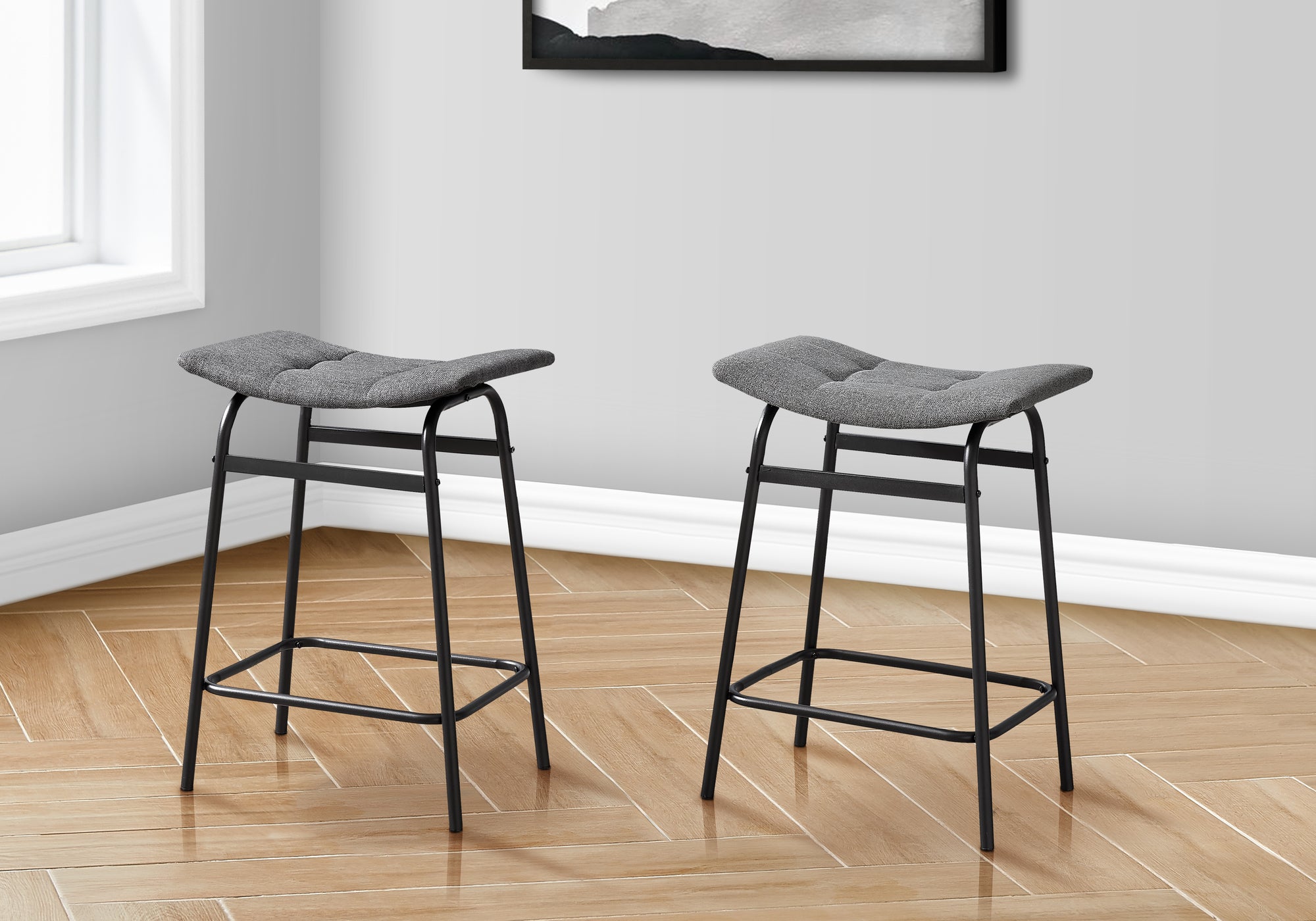 MN-U812385    Barstool, Counter Height, Set Of 2, Kitchen, Grey Fabric, Black Metal, Contemporary, Modern