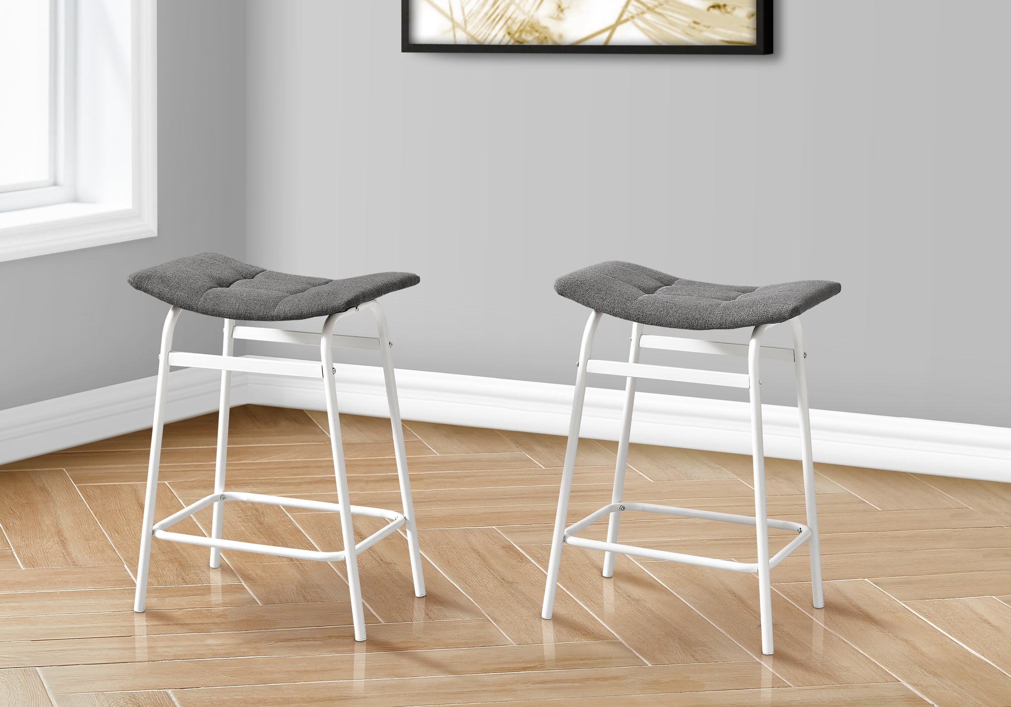 MN-U812387    Barstool, Counter Height, Set Of 2, Kitchen, Grey Fabric, White Metal, Contemporary, Modern