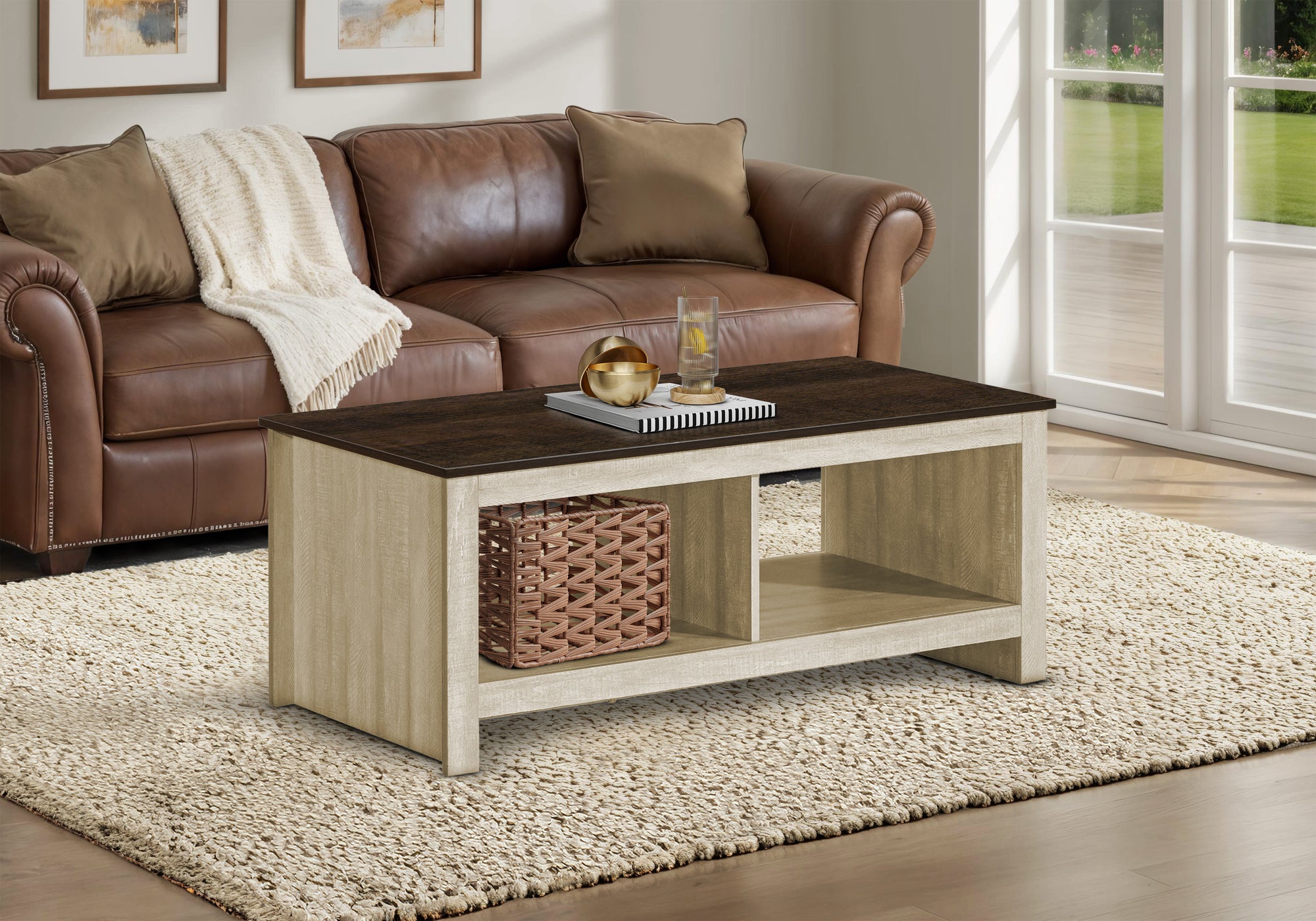 MN-432508    Coffee Table, 44"l, Cocktail, Accent, Storage, Rectangular, Living Room, Beige Oak Laminate, Dark Brown Oak Laminate, Contemporary