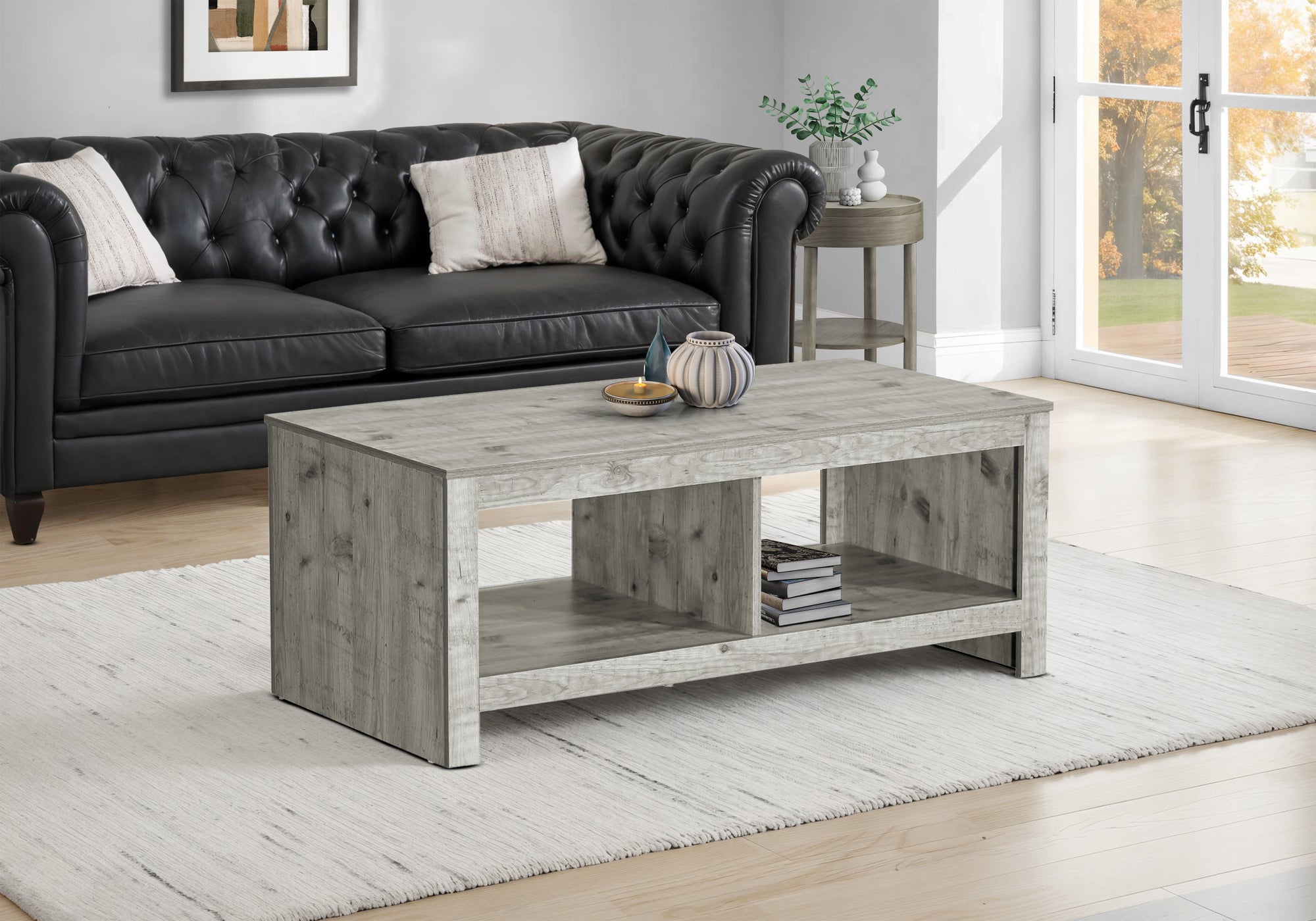 MN-462512    Coffee Table, 44"l, Cocktail, Rectangular, Living Room, Rustique Grey Laminate, Transitional