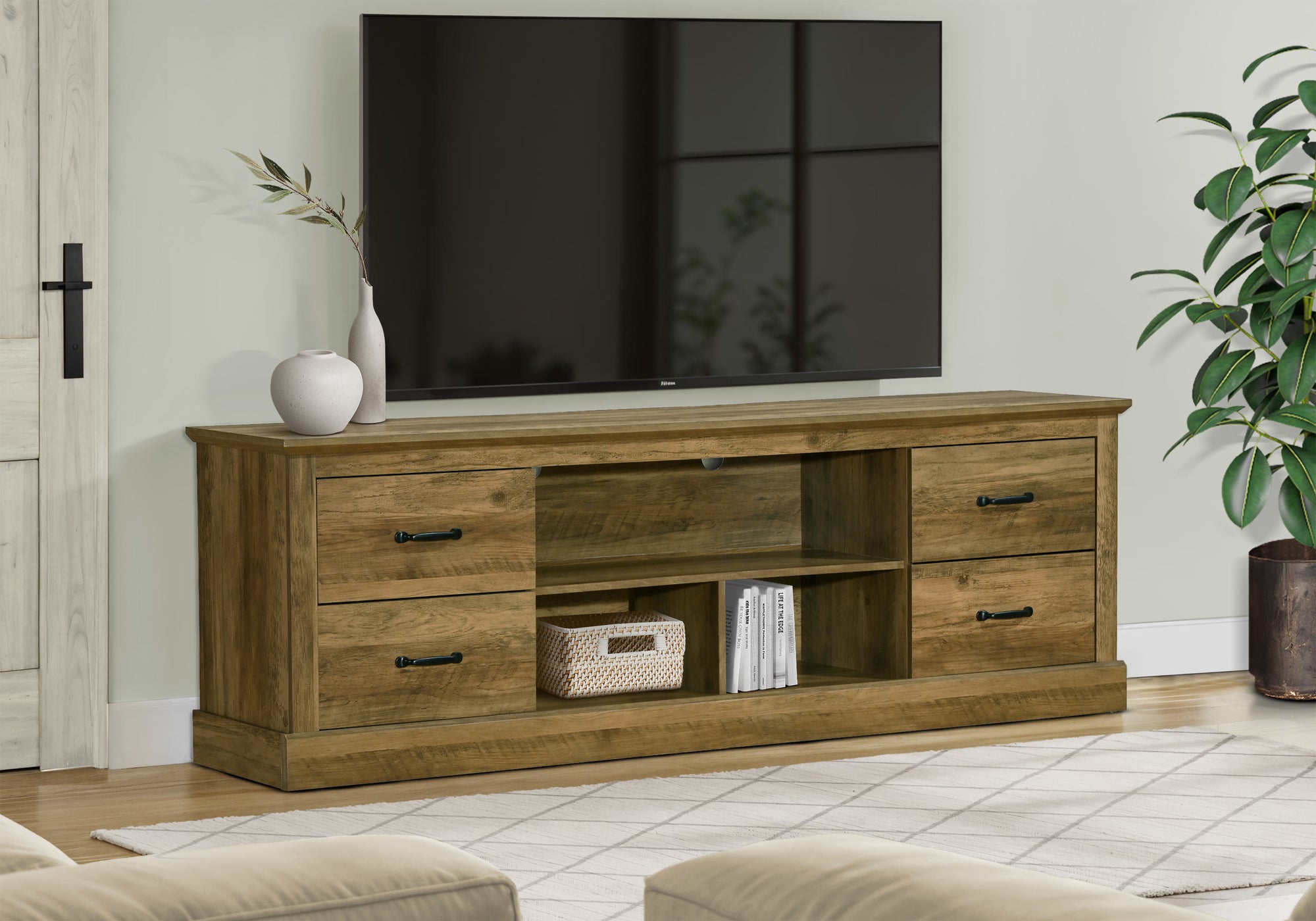 MN-482524    Tv Stand, 72 Inch, Console, Storage Drawers, Media Entertainment Center, Living Room, Bedroom, Brown Oak Laminate, Transitional