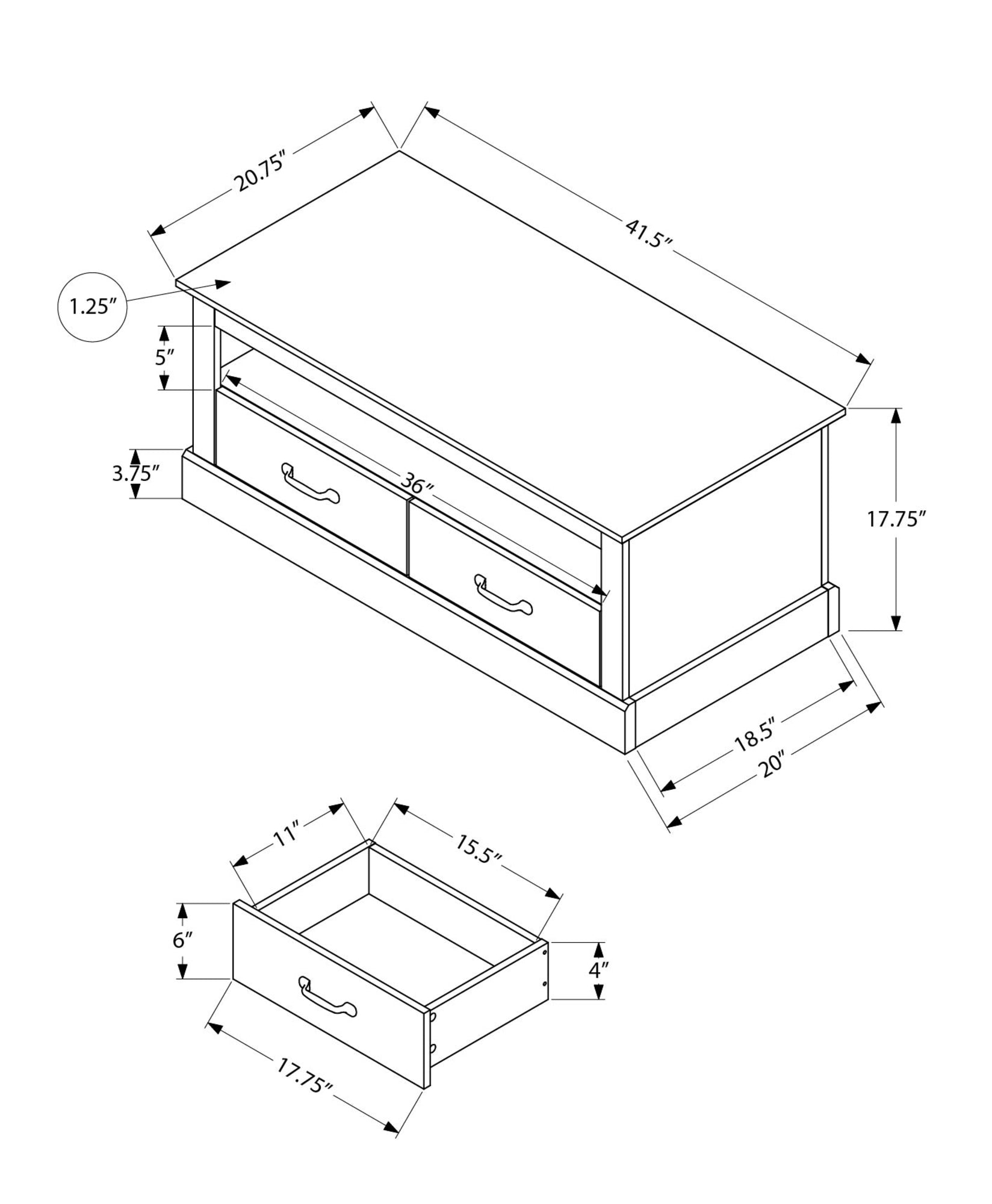 MN-492525    Coffee Table, 42" L, Cocktail, Rectangular, Storage Drawers, Living Room, Accent, Dark Brown Oak Laminate, Transitional