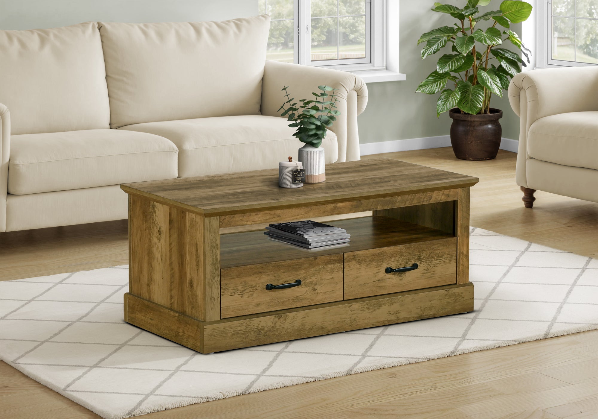 MN-492525    Coffee Table, 42" L, Cocktail, Rectangular, Storage Drawers, Living Room, Accent, Dark Brown Oak Laminate, Transitional