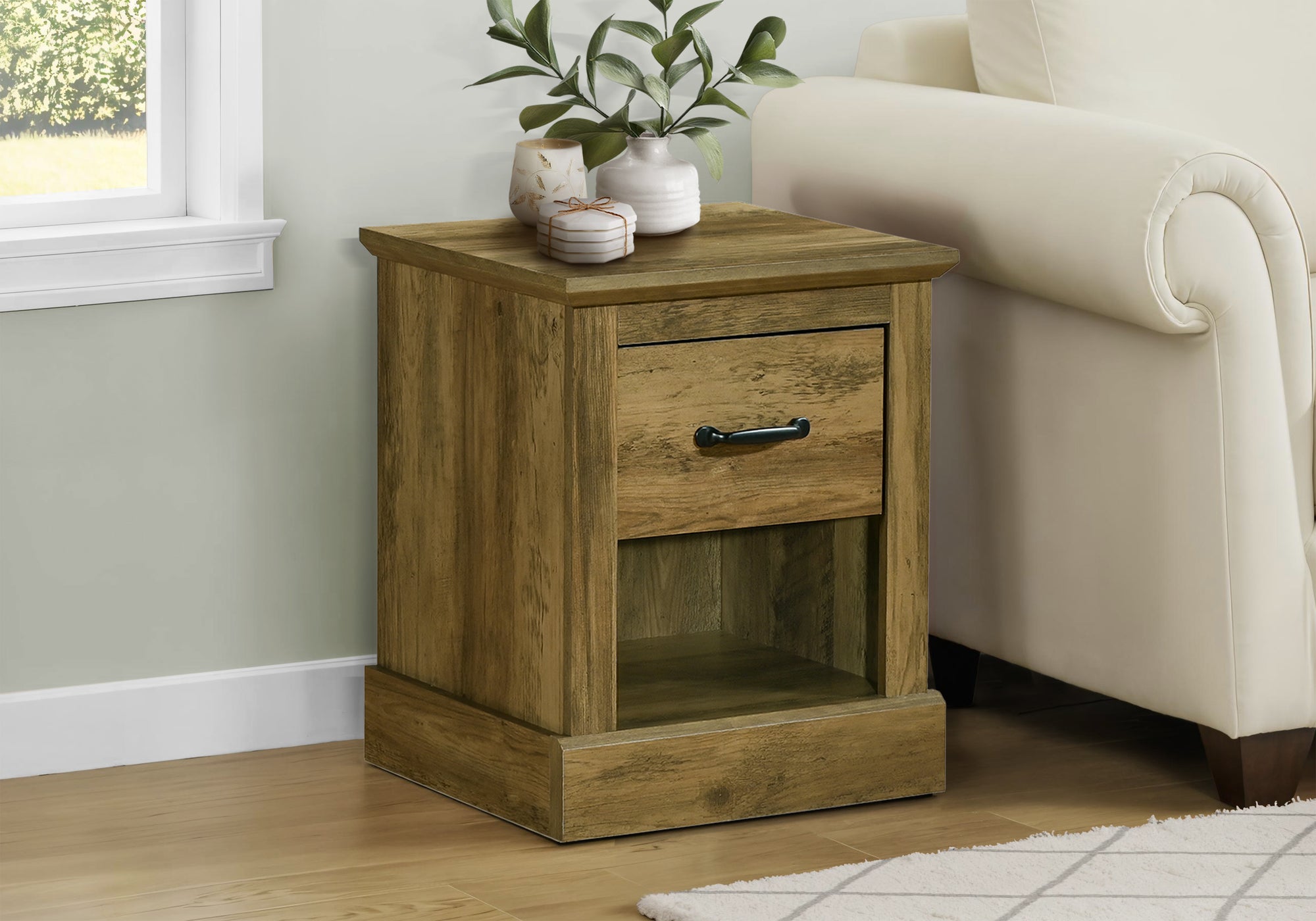 MN-502526    Accent Table, 21"h, End, Side Table, Storage Drawer, Nightstand, Lamp, Living Room, Bedroom, Dark Brown Oak Laminate, Transitional