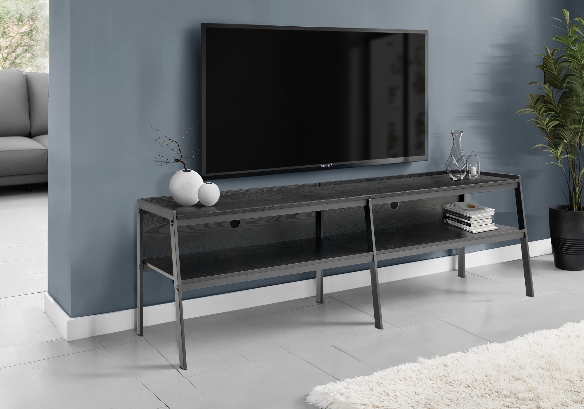MN-512535    Tv Stand, 72 Inch, Console, Media Entertainment Center, Living Room, Bedroom, Black Wood Laminate, Black Metal, Contemporary, Modern