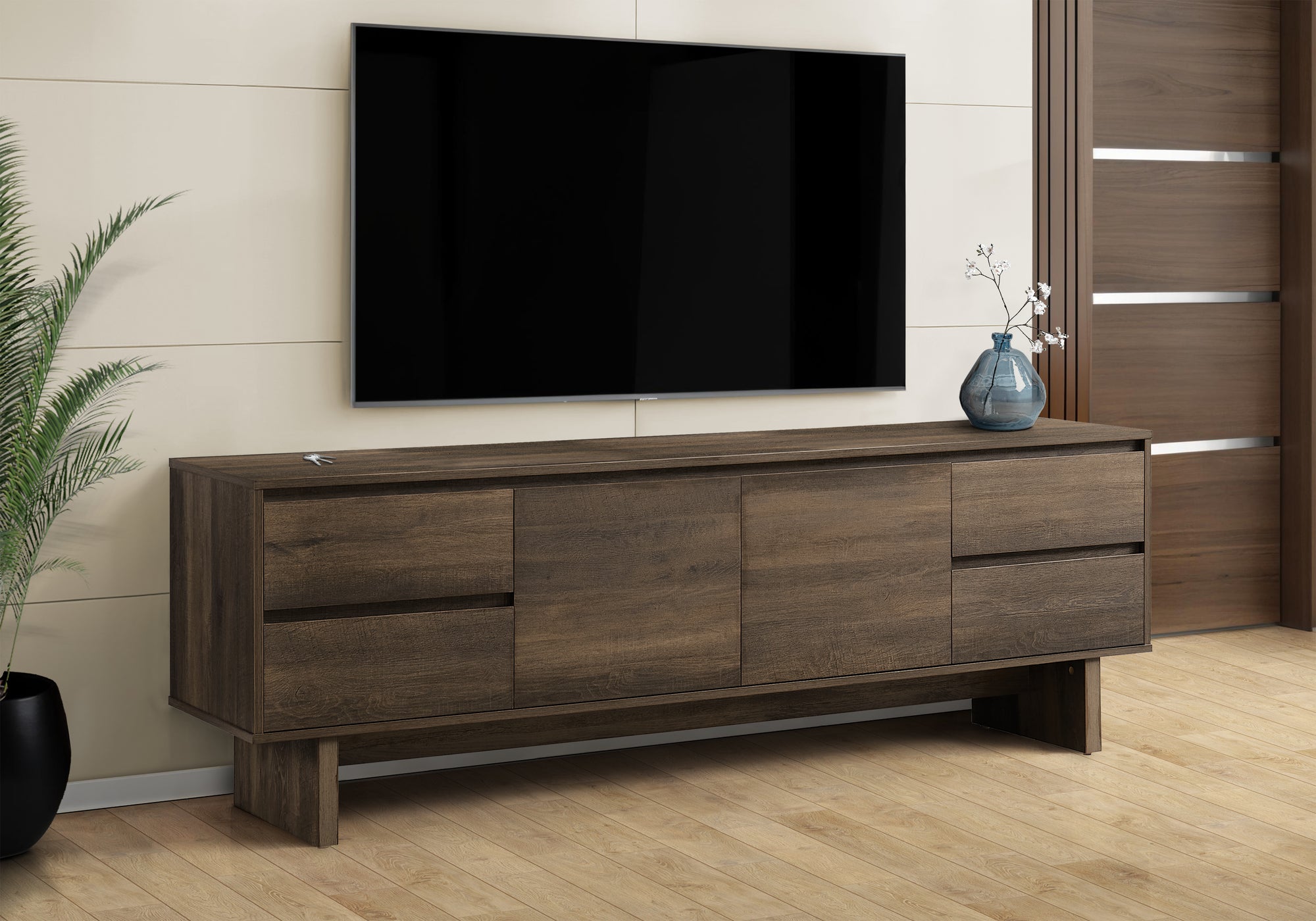 MN-652718    Tv Stand, 72 Inch, Console, Media Entertainment Center, Storage Drawers, Storage Cabinet, Brown Laminate, Transitional
