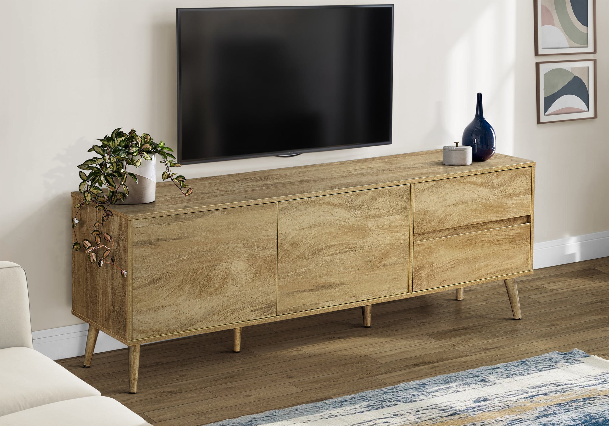 MN-672722    Tv Stand, 72 Inch, Console, Media Entertainment Center, Storage Drawers, Storage Cabinet, Walnut Laminate, Mid Century