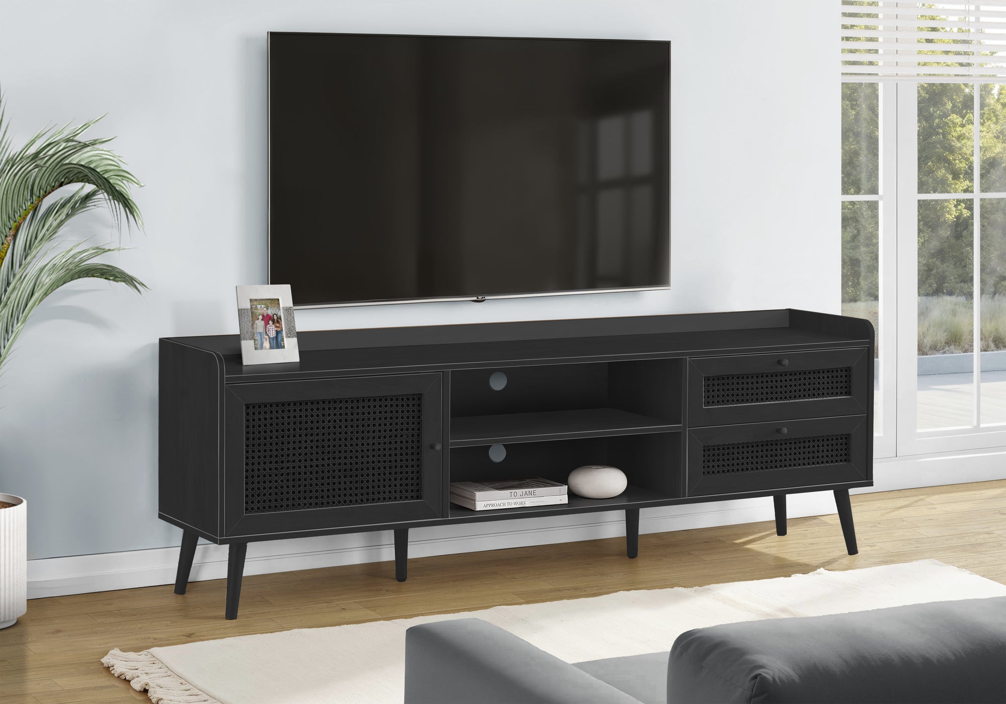 MN-732724    Tv Stand, 72 Inch, Console, Media Entertainment Center, Storage Cabinet, Living Room, Bedroom, Black Laminate, Wood Legs, Transitional