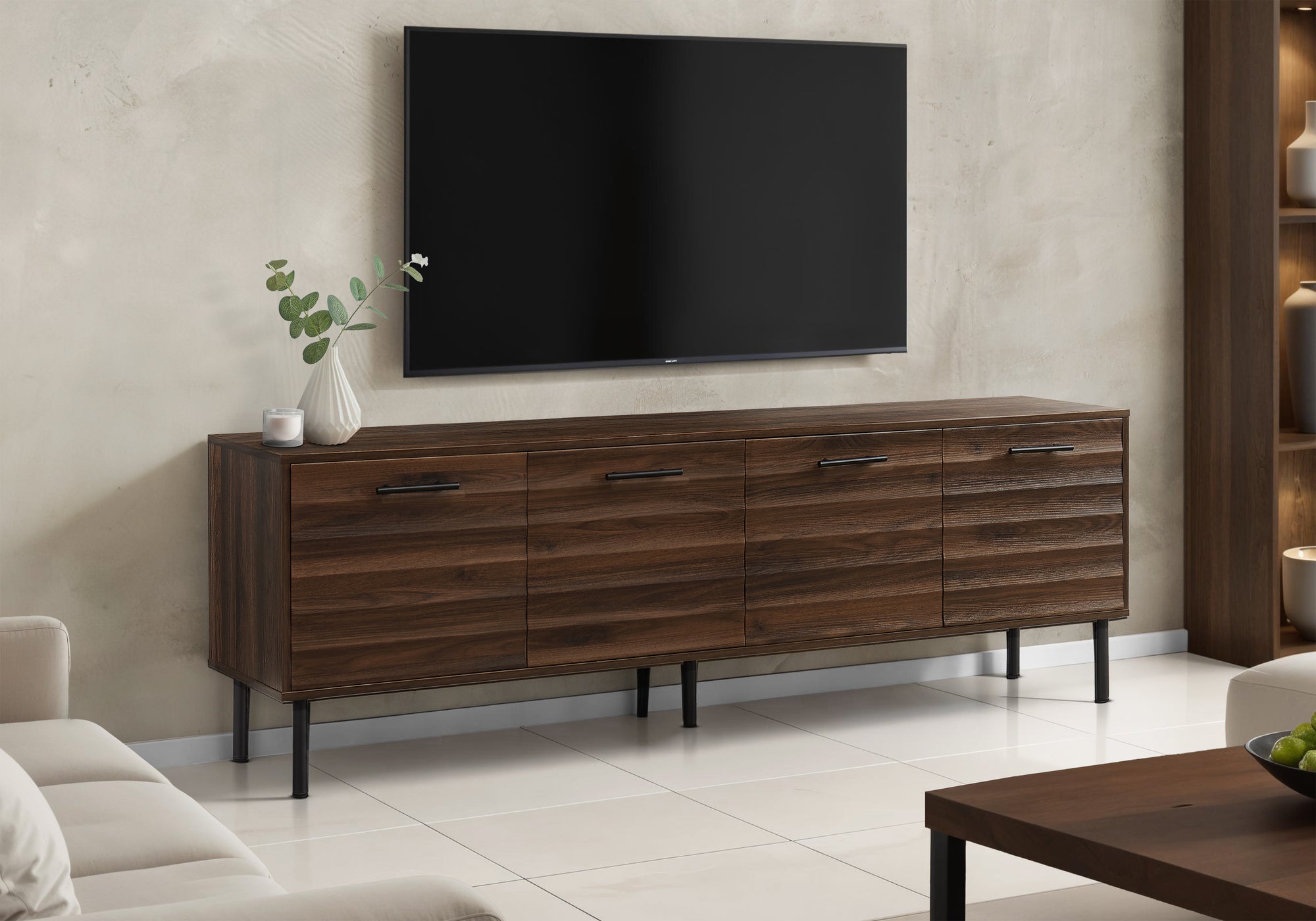 MN-692727    Tv Stand, 72 Inch, Console, Media Entertainment Center, Storage Cabinet, Brown Laminate, Black Metal, Transitional