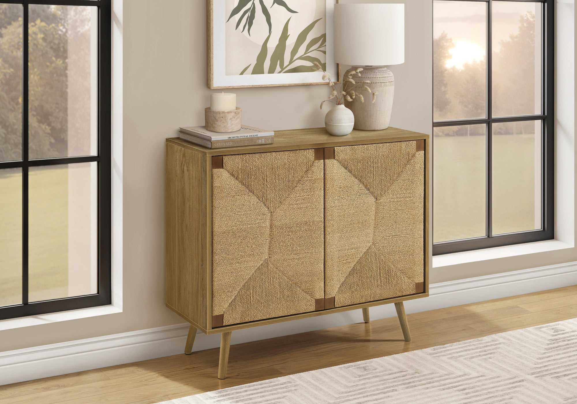 MN-752729    Accent Chest, 36" Wide, 2 Door Cabinet, Storage, Decorative, Light Walnut Laminate, Seagrass-look, Mid Century