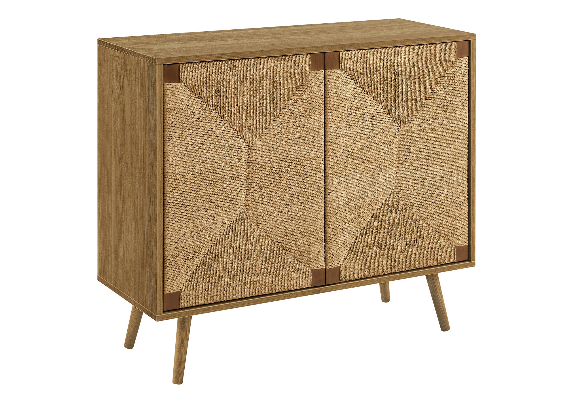 MN-752729    Accent Chest, 36" Wide, 2 Door Cabinet, Storage, Decorative, Light Walnut Laminate, Seagrass-look, Mid Century