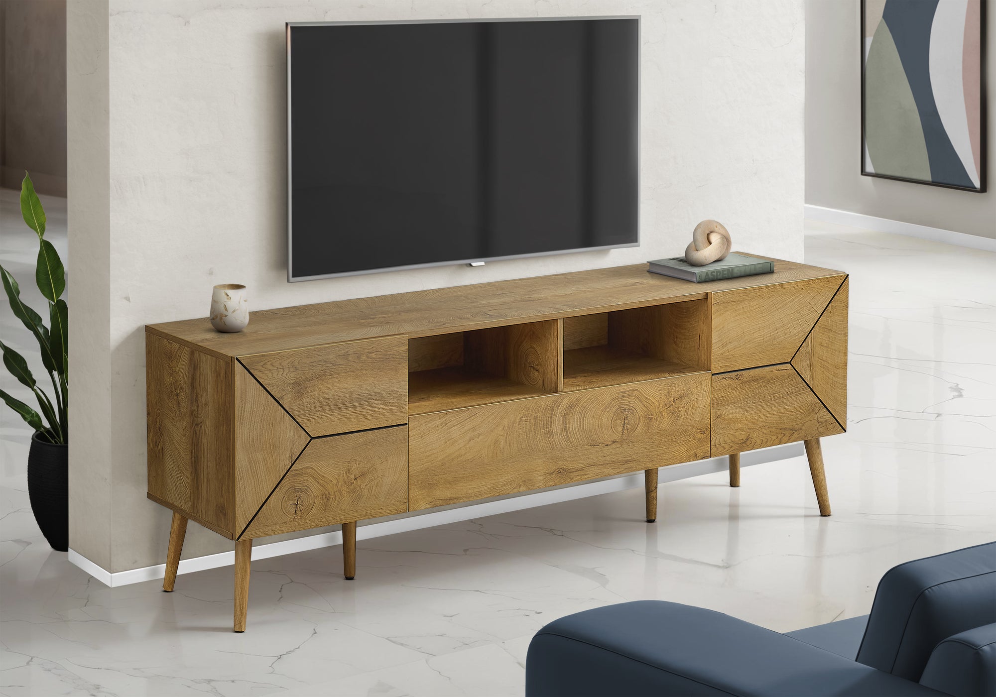 MN-U842753    Tv Stand, 72 Inch, Console, Media Entertainment Center, Storage Drawer, Walnut Laminate, Mid Century, Modern