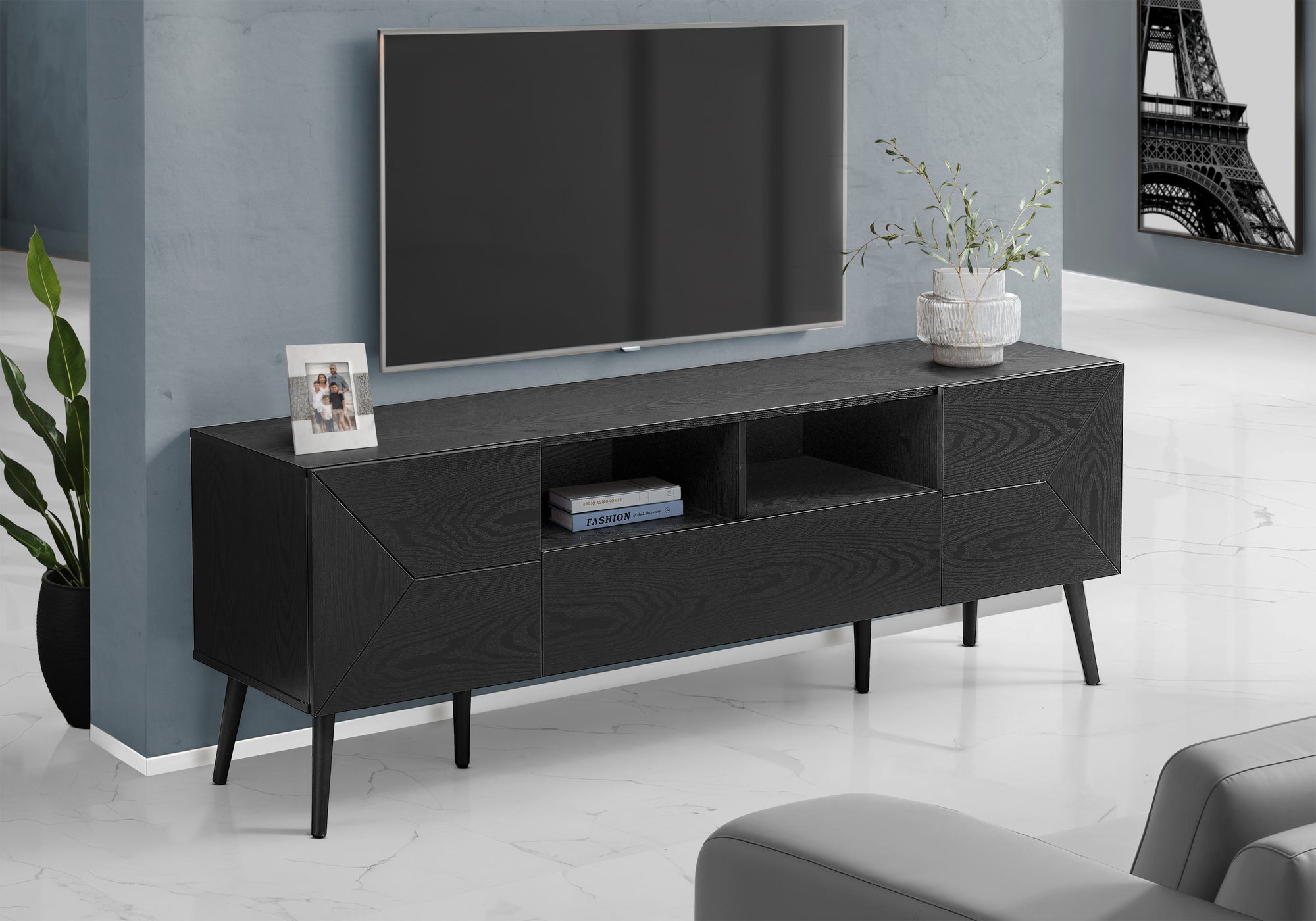 MN-852754    Tv Stand, 72 Inch, Console, Media Entertainment Center, Storage Drawer, Black Laminate, Mid Century, Modern