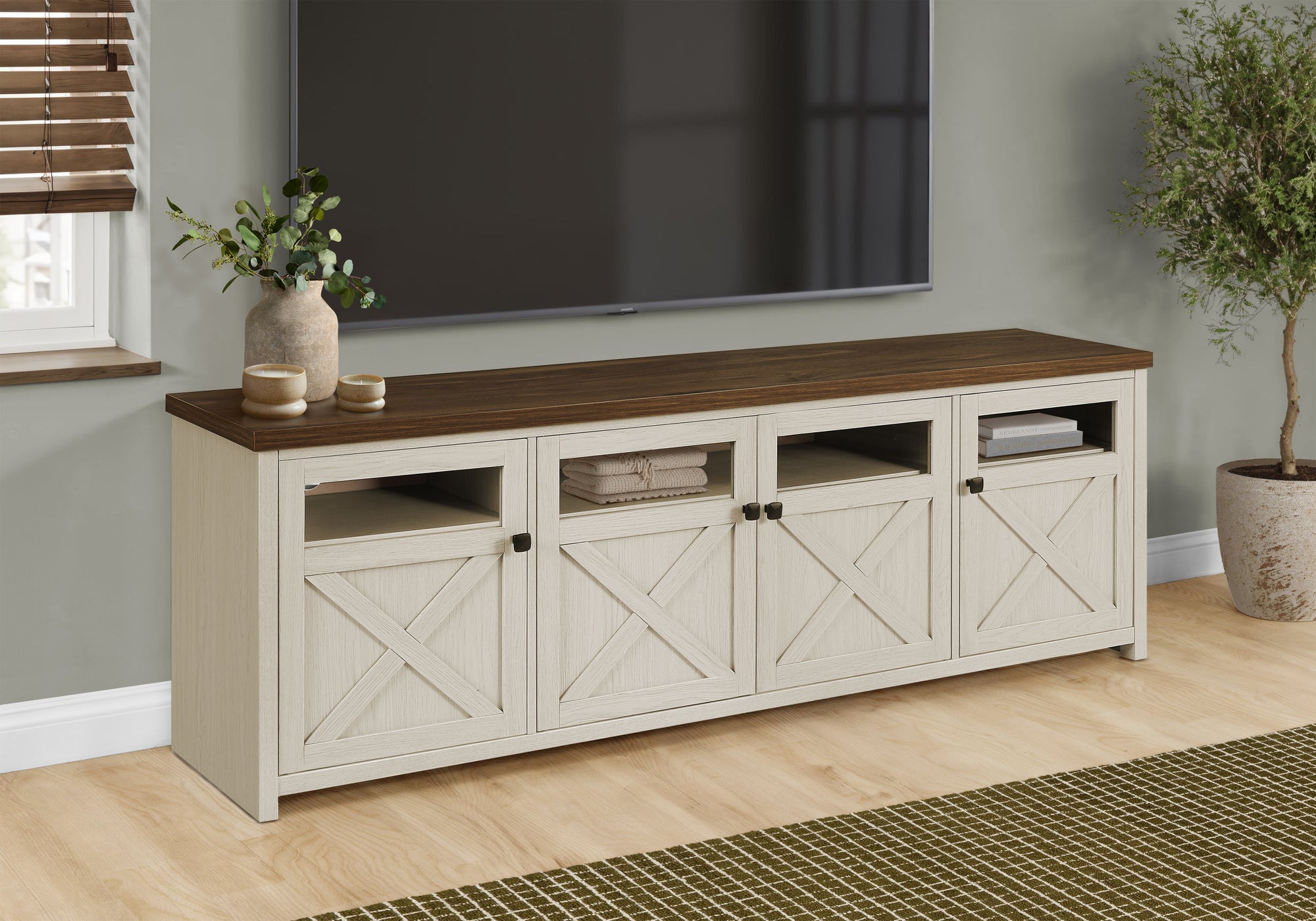 MN-982769    Tv Stand, 72 Inch, Console, Storage Cabinet, Media Entertainment Center, Living Room, Bedroom, Washed Oak Laminate, Dark Walnut Laminate, Transitional