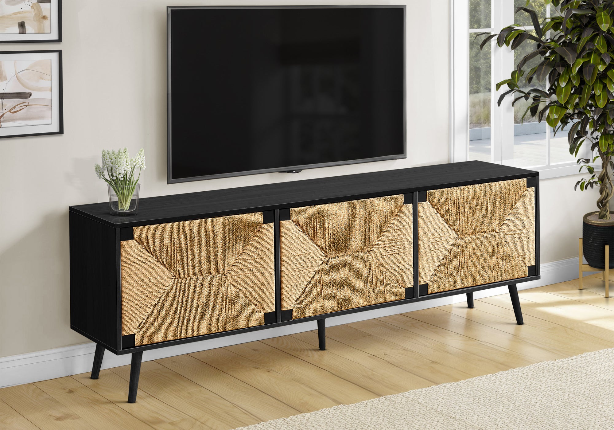 MN-942782    Tv Stand, 72 Inch, Media Entertainment Center, Storage Cabinet, Console, Black Laminate, Seagrass-look, Mid Century, Modern