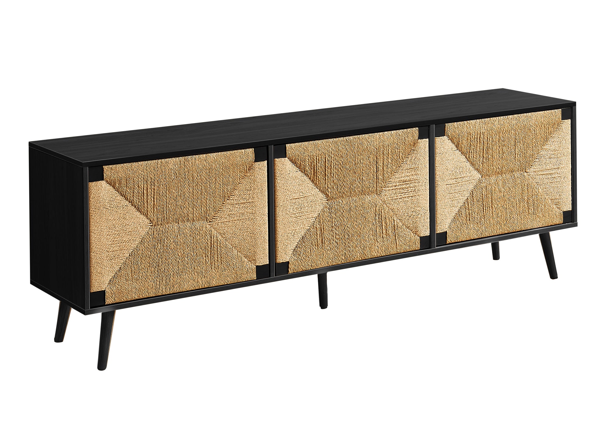MN-942782    Tv Stand, 72 Inch, Media Entertainment Center, Storage Cabinet, Console, Black Laminate, Seagrass-look, Mid Century, Modern