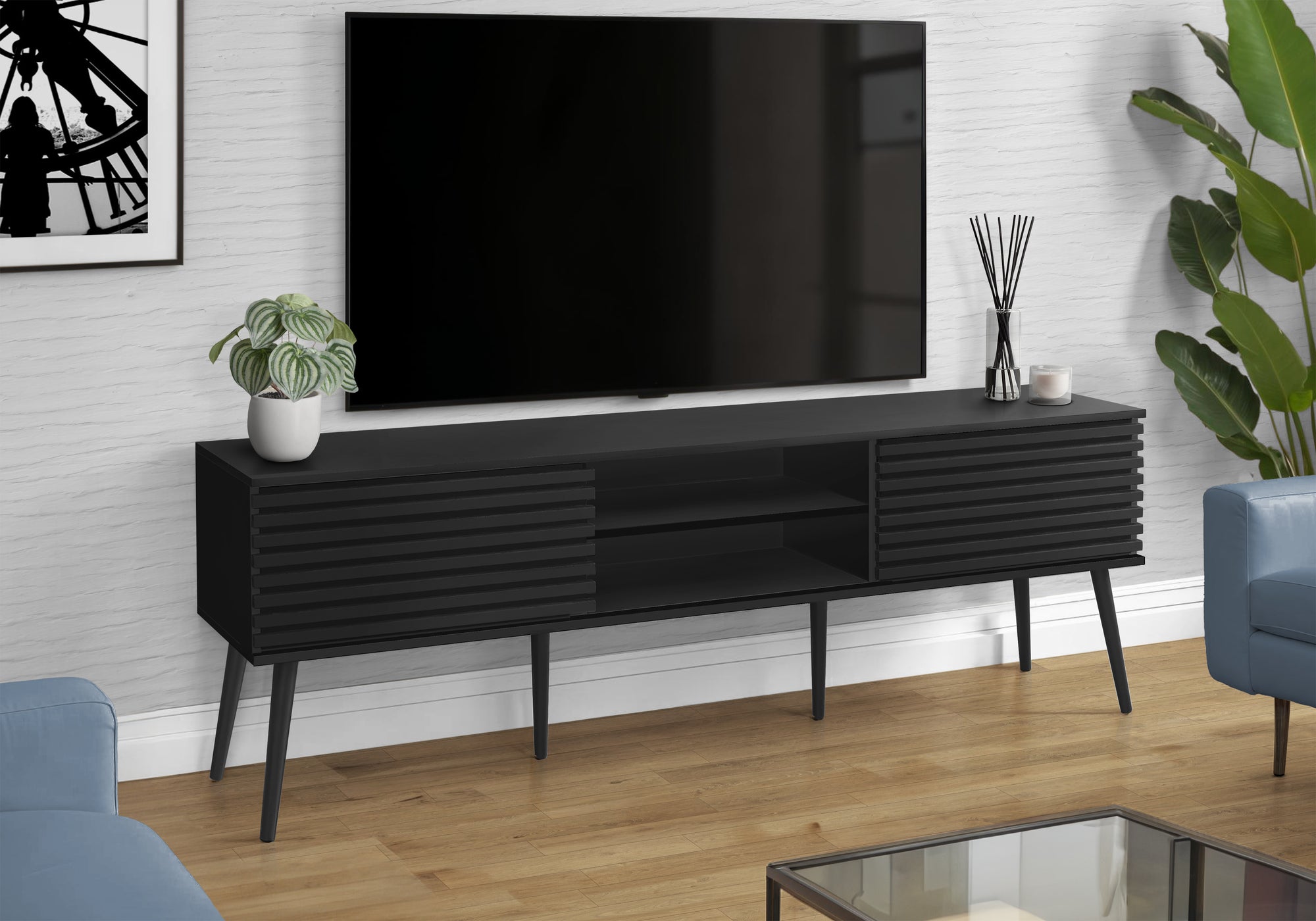 MN-L892783    Tv Stand, 72 Inch, Media Entertainment Center, Storage Cabinet, Console, Storage Shelves, Bedroom, Living Room, Black Laminate, Contemporary