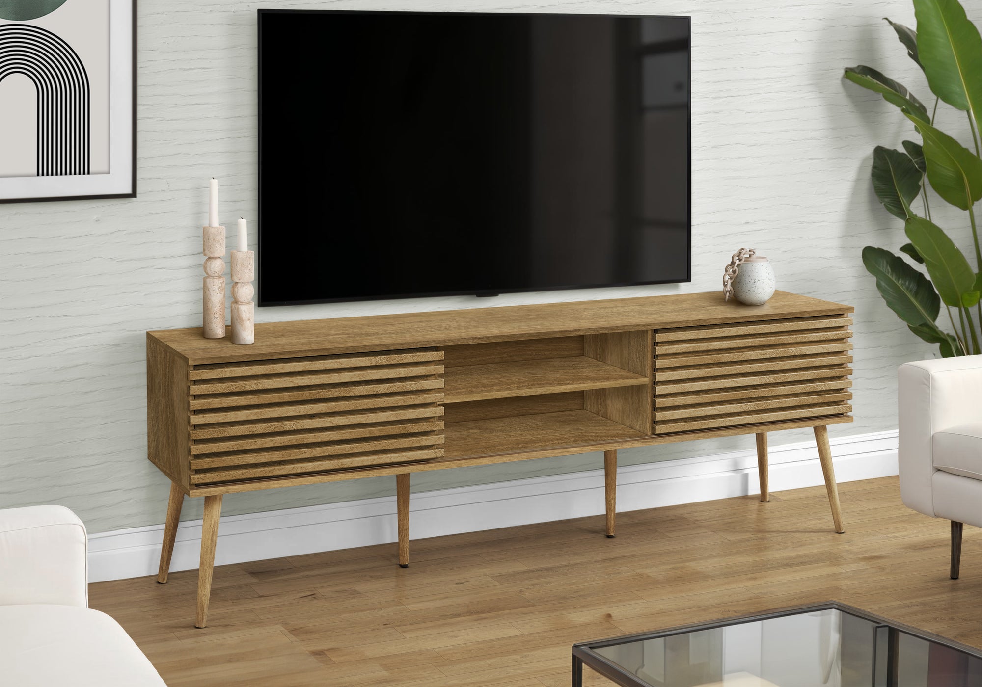 MN-L892784    Tv Stand, 72 Inch, Media Entertainment Center, Storage Cabinet, Console, Storage Shelves, Bedroom, Living Room, Walnut Laminate, Contemporary, Modern