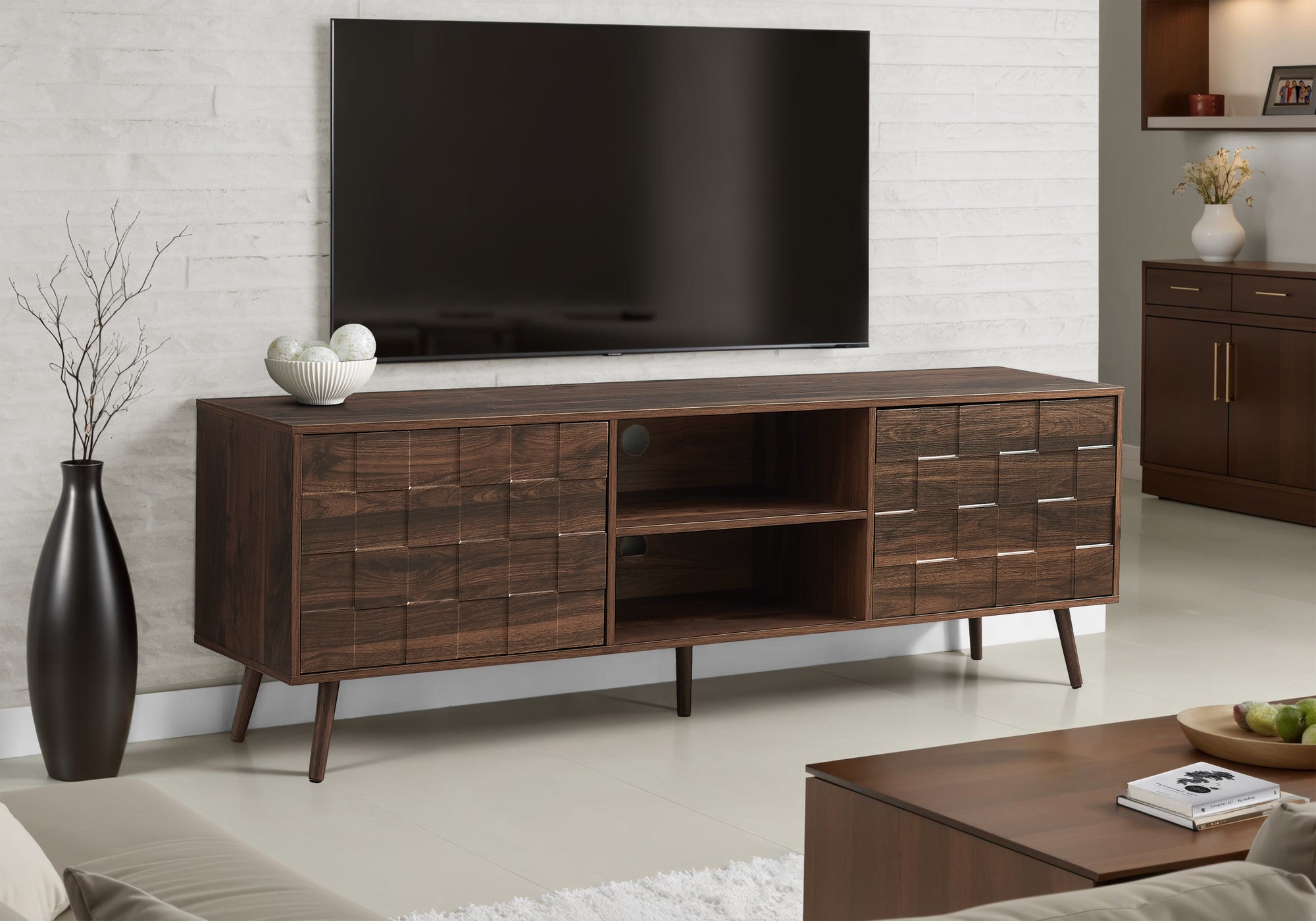 MN-912787    Tv Stand, 72 Inch, Console, Media Entertainment Center, Storage Cabinet, Bedroom, Living Room, Walnut Laminate, Mid Century