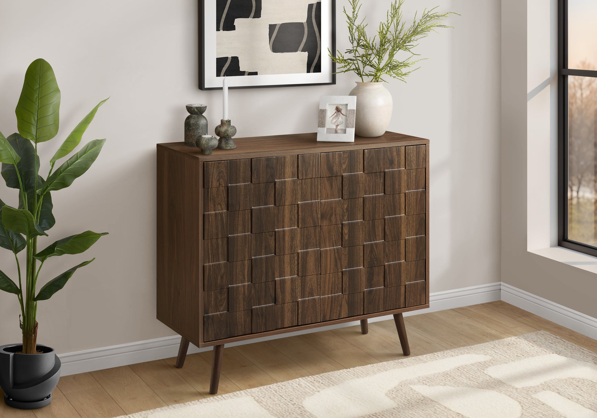 MN-992789    Accent Chest, 36" Wide, 2 Door Cabinet, Storage, Decorative, Dark Walnut Laminate, Mid Century, Transitional