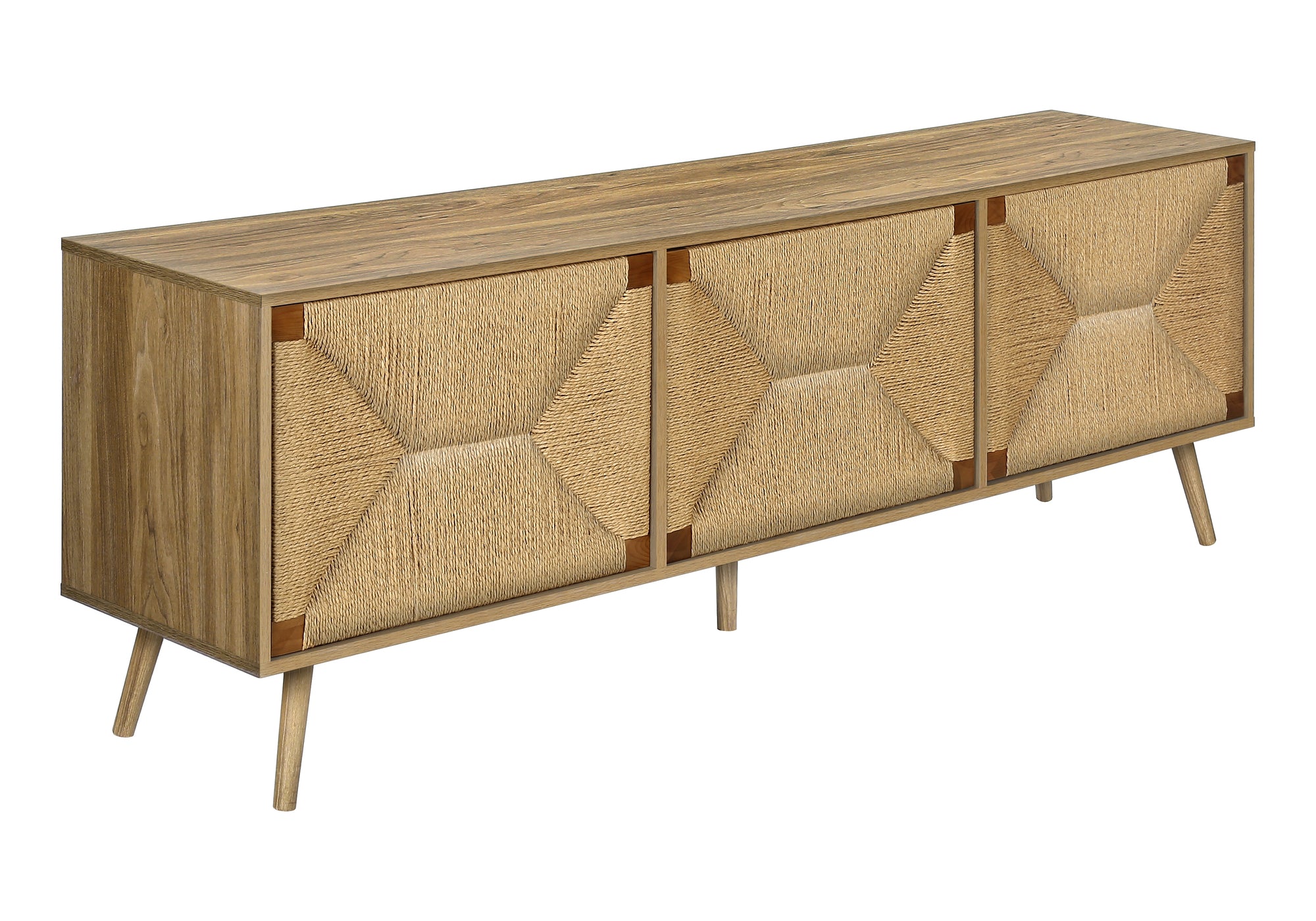 MN-Y942793    Tv Stand, 72 Inch, Media Entertainment Center, Storage Cabinet, Console, Walnut Laminate, Natural Seagrass, Mid Century, Modern