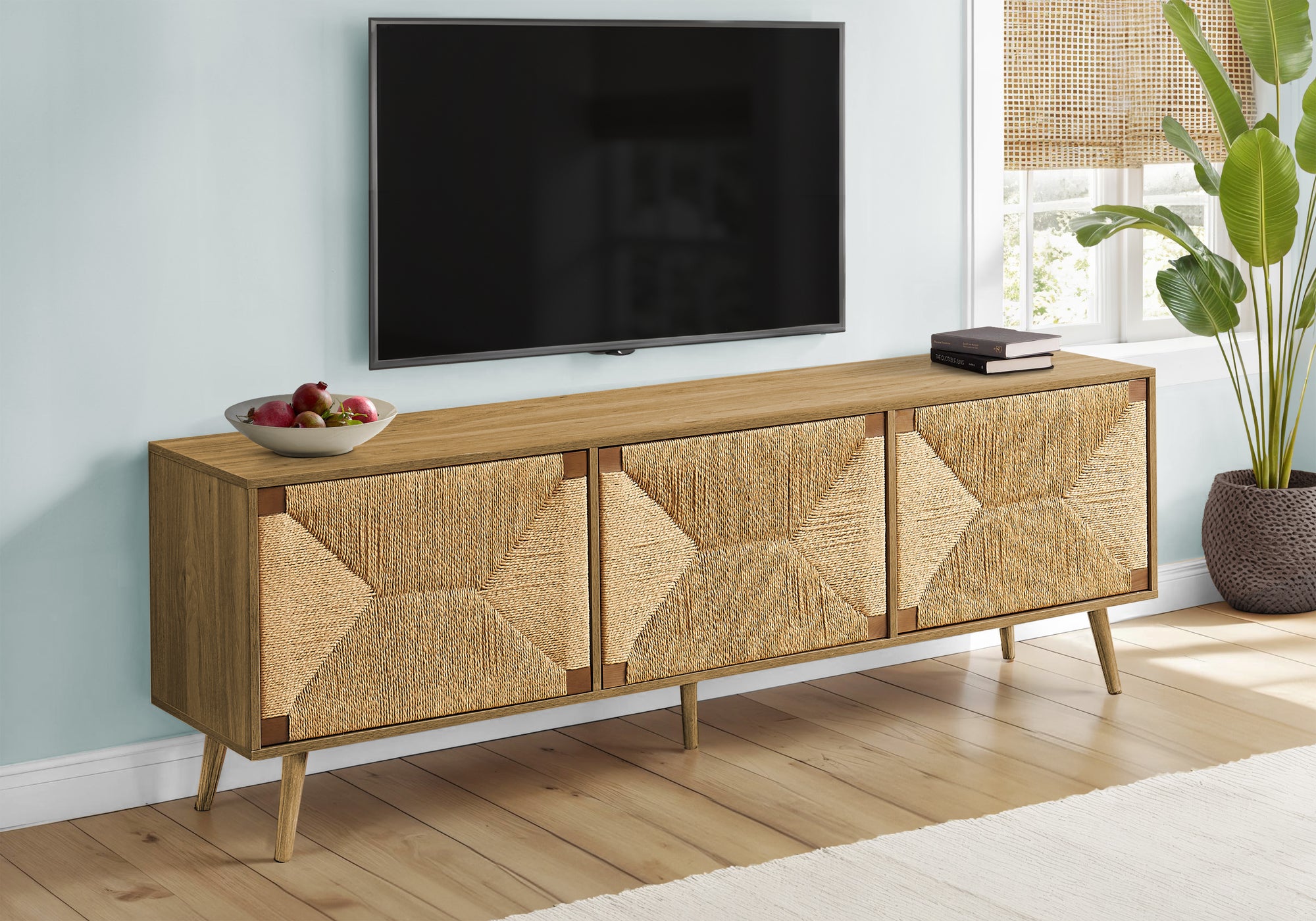 MN-Y942793    Tv Stand, 72 Inch, Media Entertainment Center, Storage Cabinet, Console, Walnut Laminate, Natural Seagrass, Mid Century, Modern