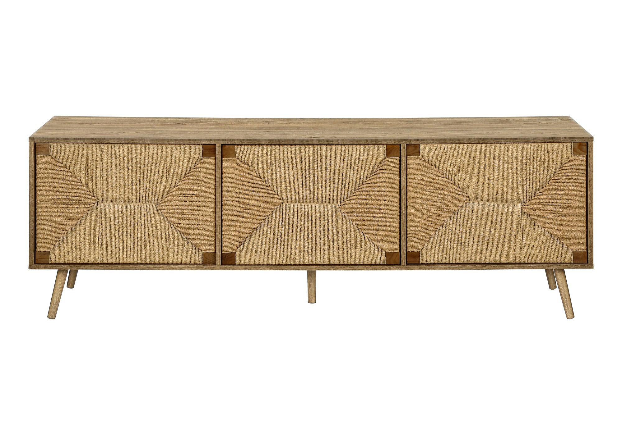 MN-Y942793    Tv Stand, 72 Inch, Media Entertainment Center, Storage Cabinet, Console, Walnut Laminate, Natural Seagrass, Mid Century, Modern