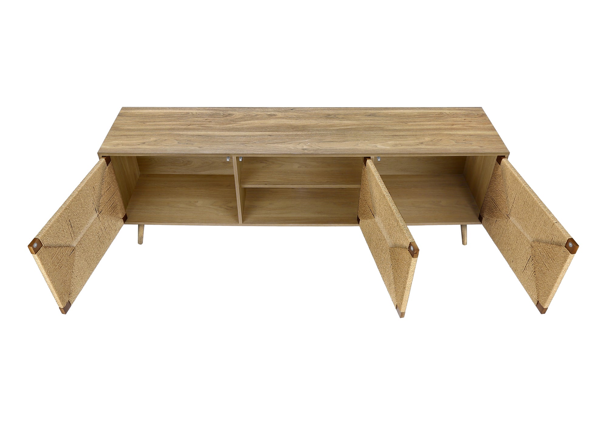 MN-Y942793    Tv Stand, 72 Inch, Media Entertainment Center, Storage Cabinet, Console, Walnut Laminate, Natural Seagrass, Mid Century, Modern