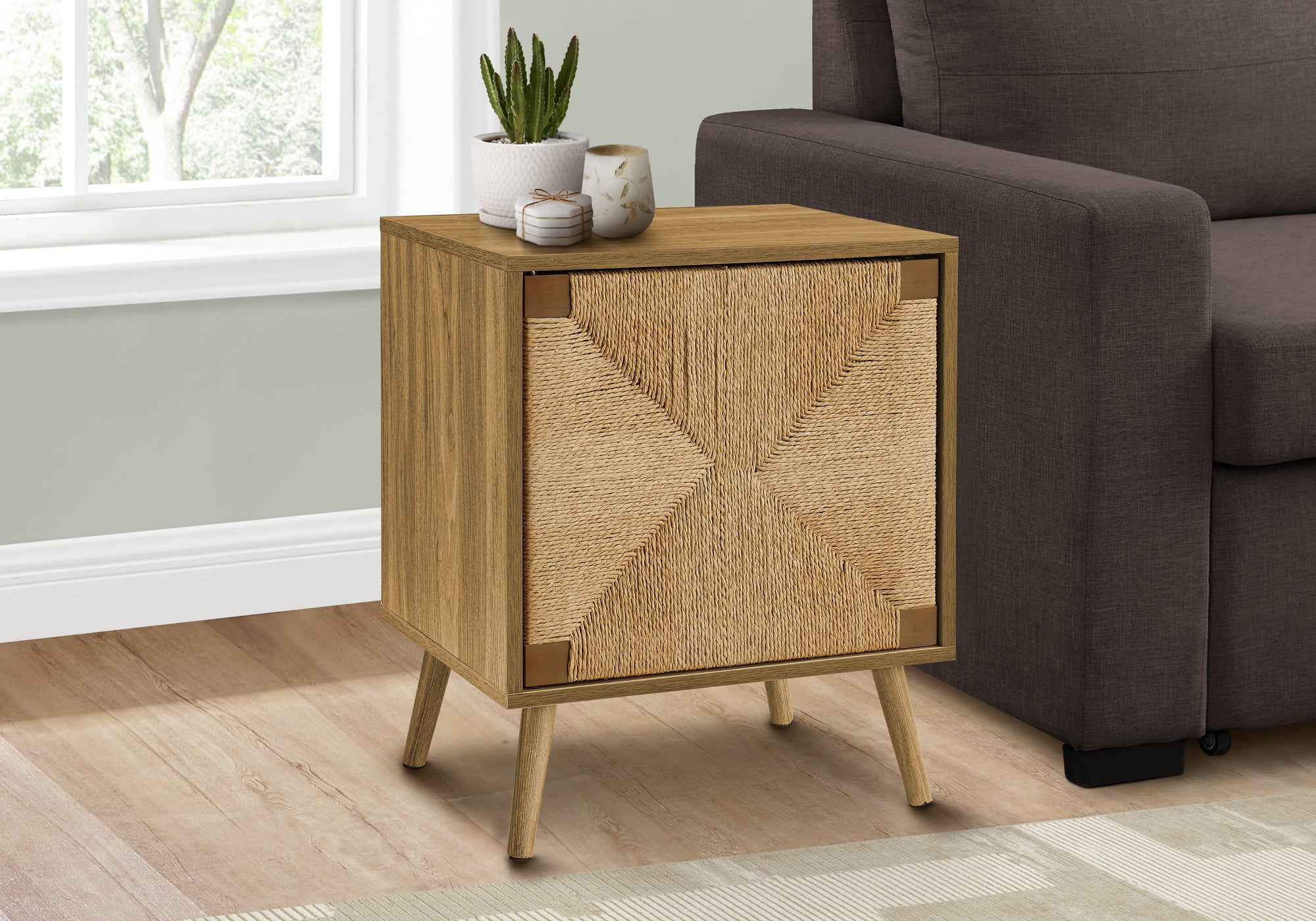 MN-942794    Accent Table, End, Storage, Small, Side, Living Room, Lamp, Light Walnut Laminate, Seagrass, Modern