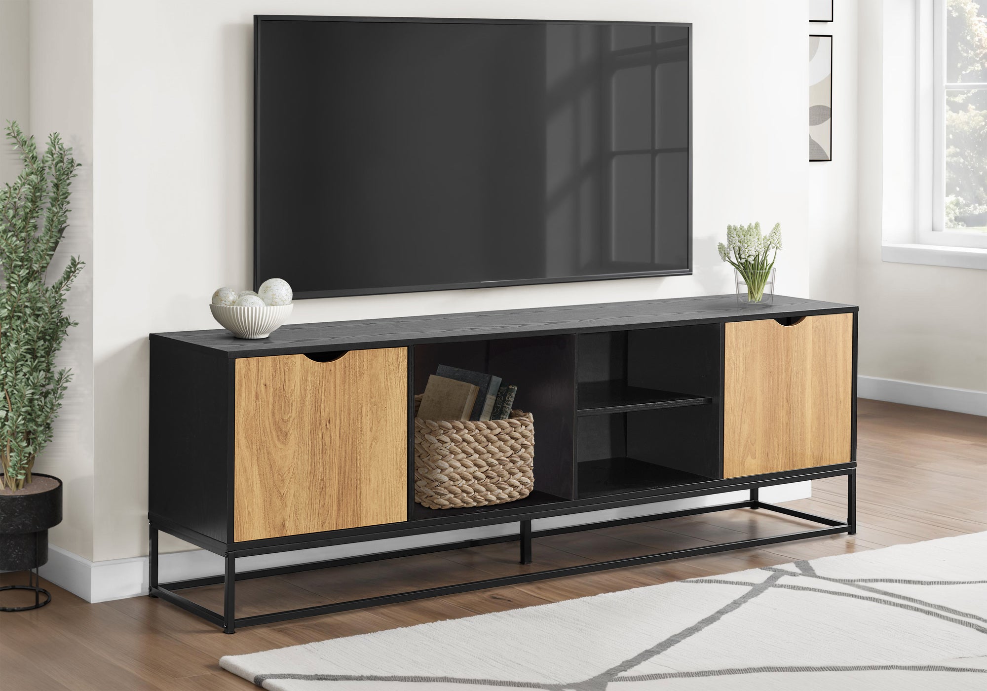 MN-182825    Tv Stand, 72 Inch, Console, Media Entertainment Center, Storage Cabinet, Living Room, Black Laminate, Black Metal, Modern, Contemporary