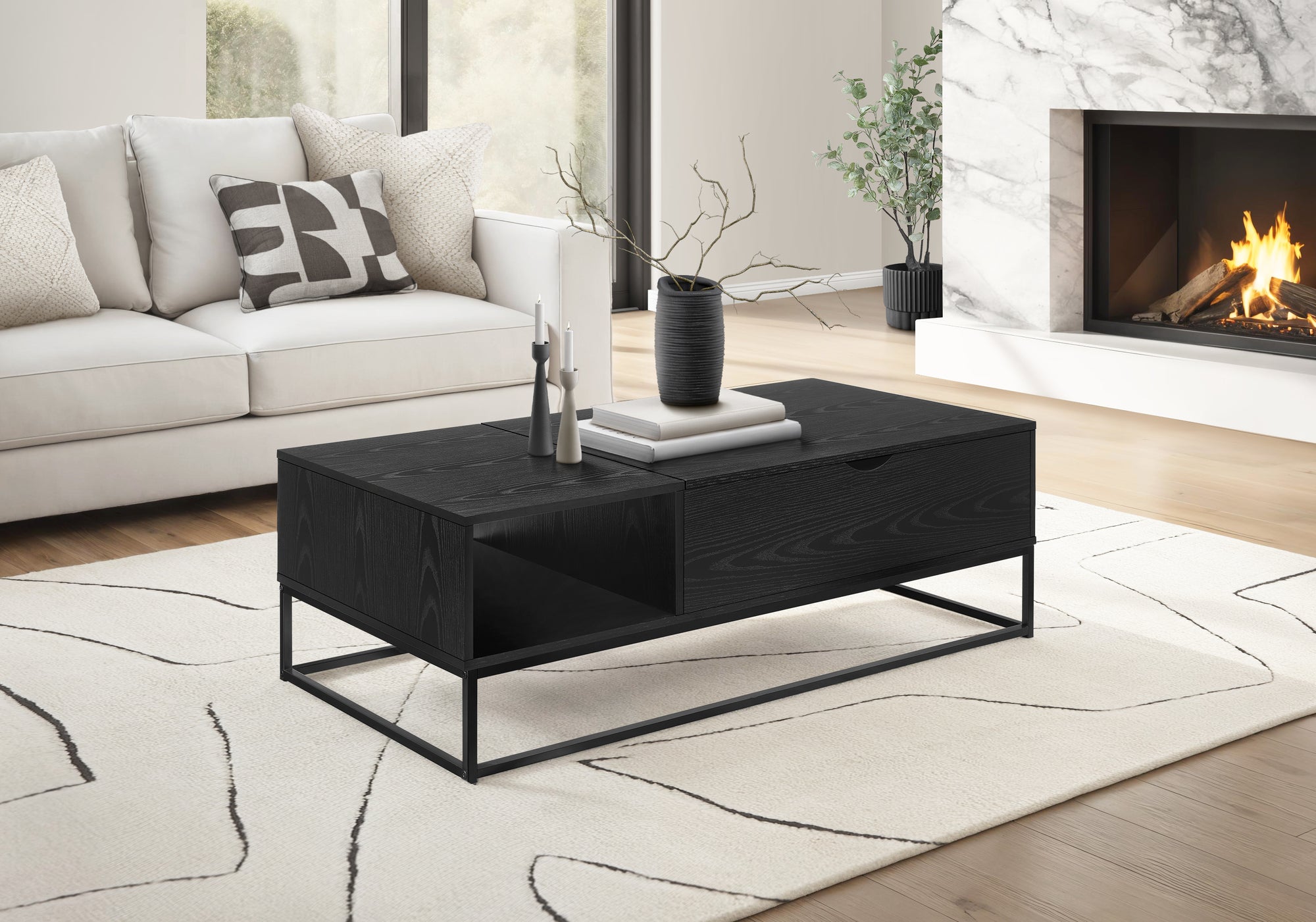 MN-192826    Coffee Table, 48"l, Cocktail, Lift-top, Rectangular, Storage, Living Room, Accent, Black Laminate, Black Metal, Contemporary, Modern