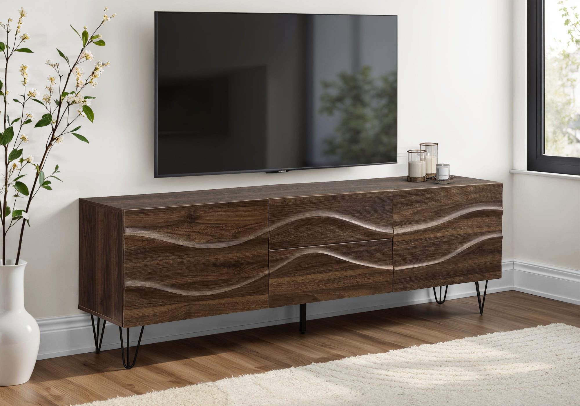 MN-202828    Tv Stand, 72 Inch, Console, Media Entertainment Center, Storage Cabinet, Storage Drawers, Bedroom, Living Room, Brown Laminate, Mid Century, Modern
