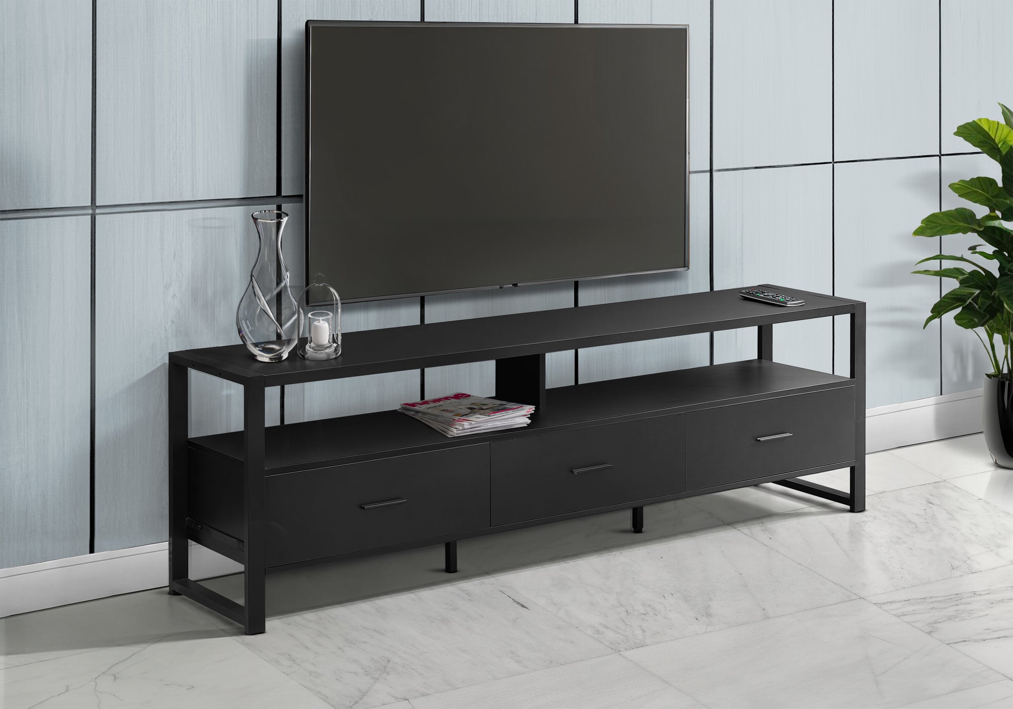 MN-M202845    Tv Stand, 72 Inch, Media Entertainment Center, Storage Drawers, Black Laminate, Black Metal, Contemporary, Modern