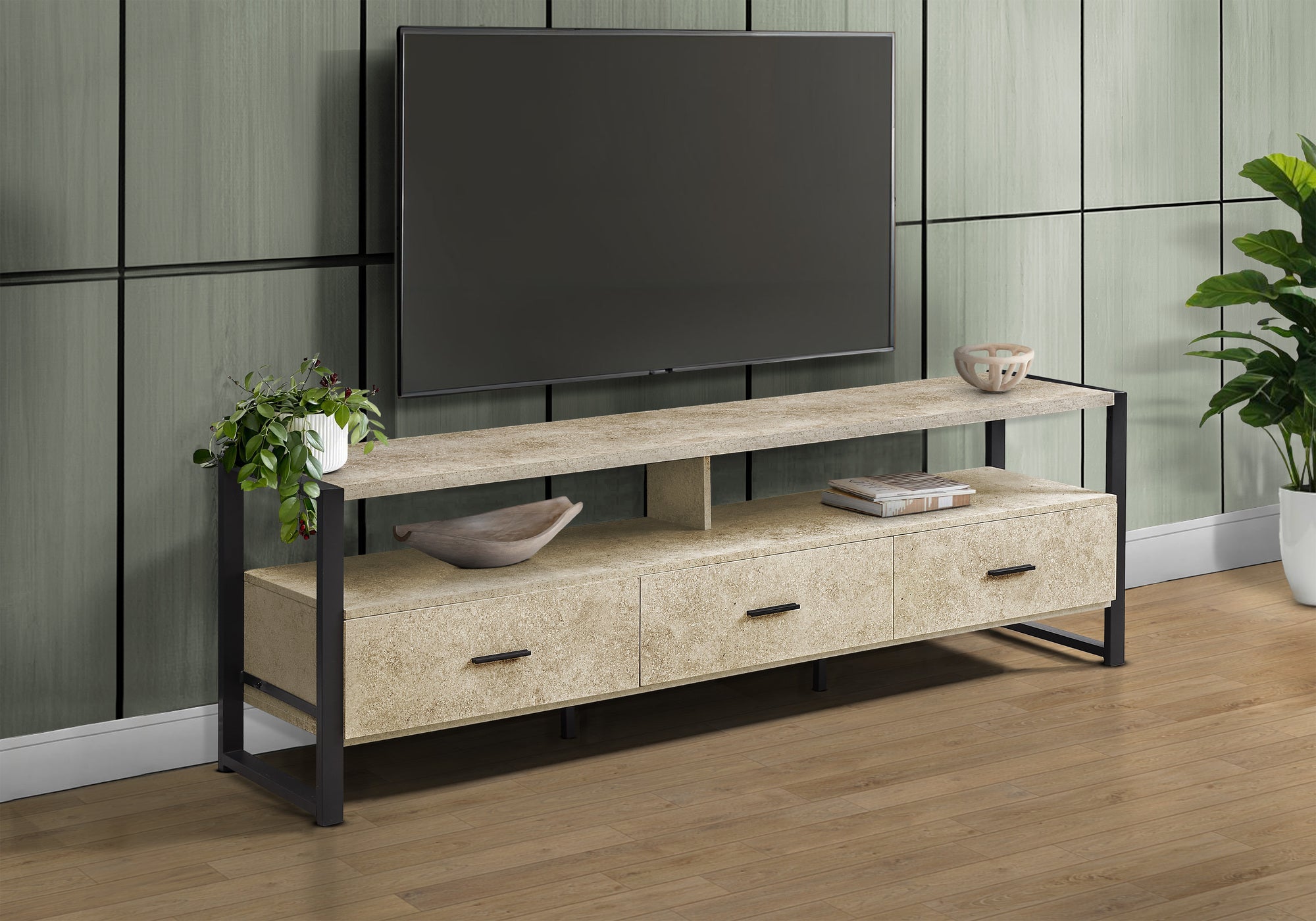 MN-M202846    Tv Stand, 72 Inch, Media Entertainment Center, Storage Drawers, Cream Stone Laminate, Black Metal, Contemporary, Modern