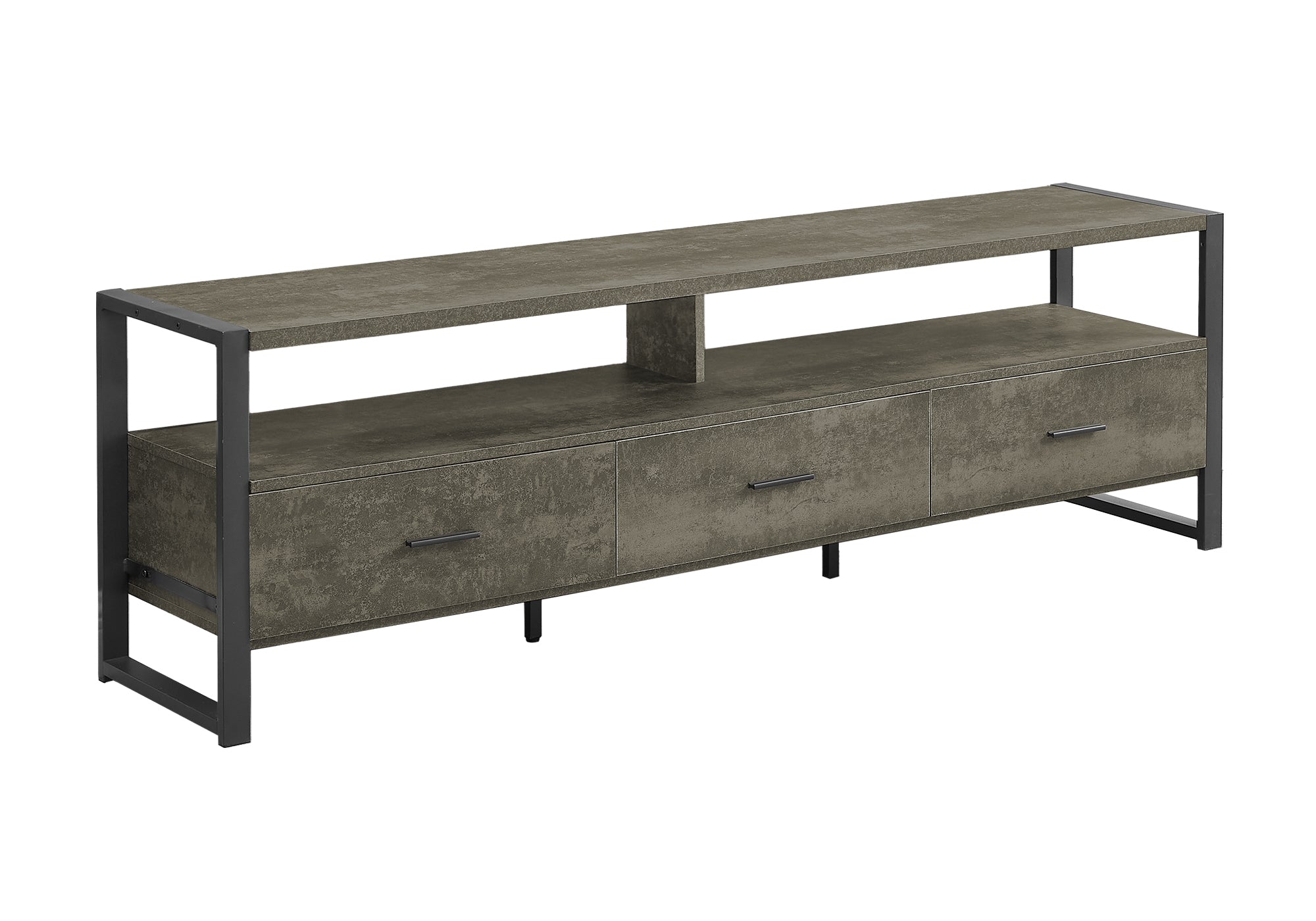 MN-M202847    Tv Stand, 72 Inch, Media Entertainment Center, Storage Drawers, Dark Bronze Laminate, Black Metal, Contemporary, Modern