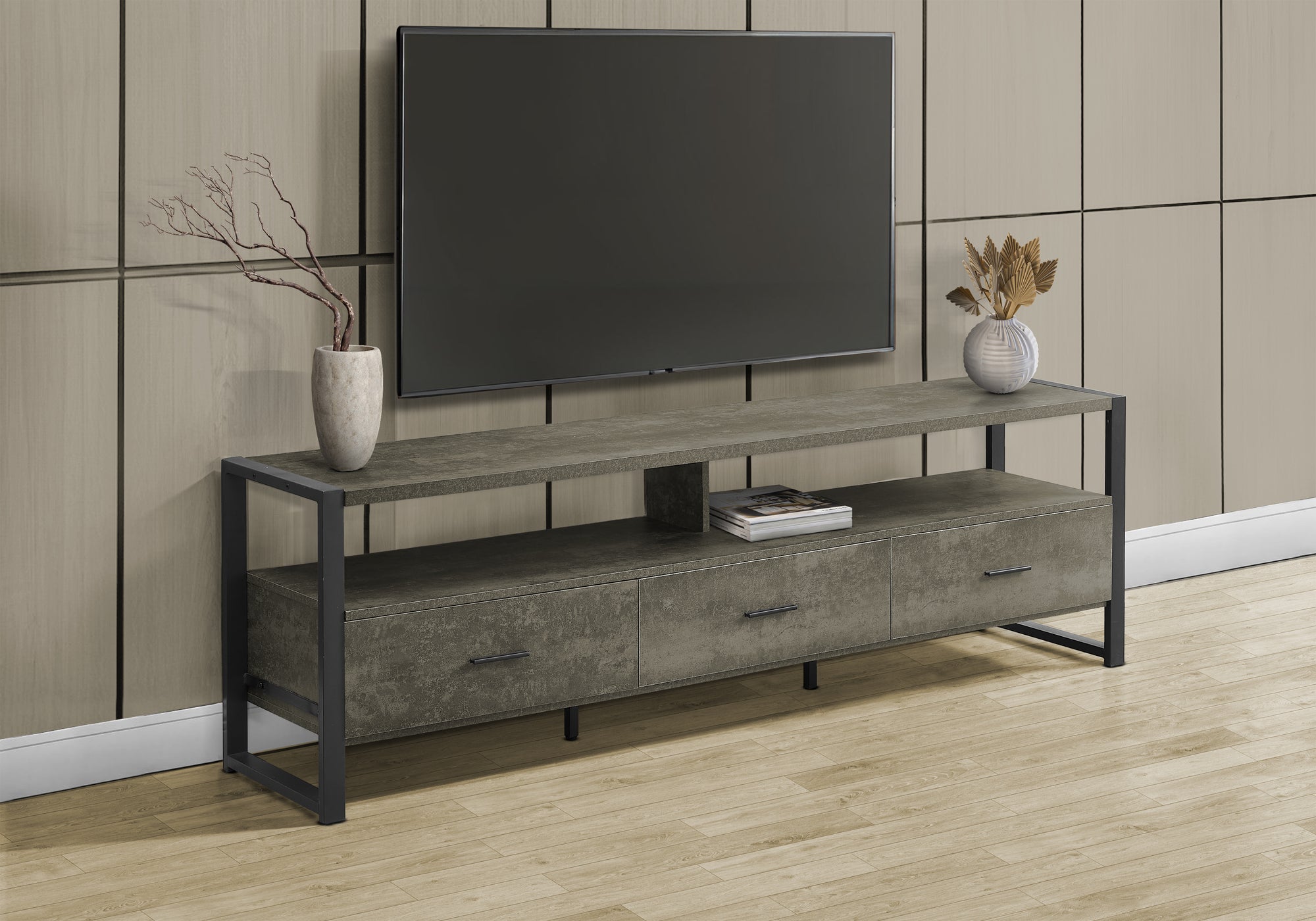 MN-M202847    Tv Stand, 72 Inch, Media Entertainment Center, Storage Drawers, Dark Bronze Laminate, Black Metal, Contemporary, Modern