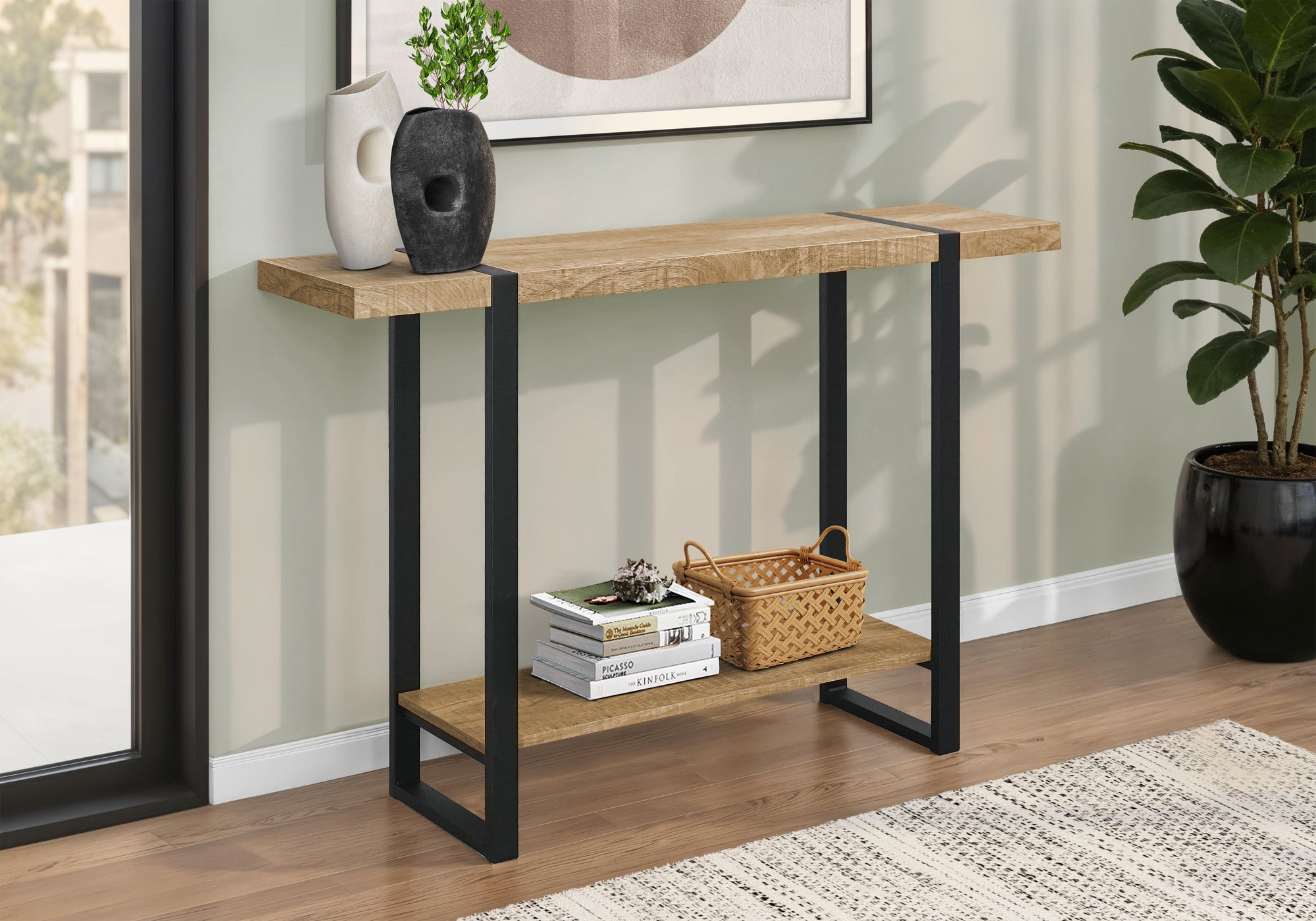 MN-442881    Accent Table, Console, Entryway, Narrow, Sofa, Living Room, Bedroom, Mango Wood-look Laminate, Black Metal, Contemporary, Modern