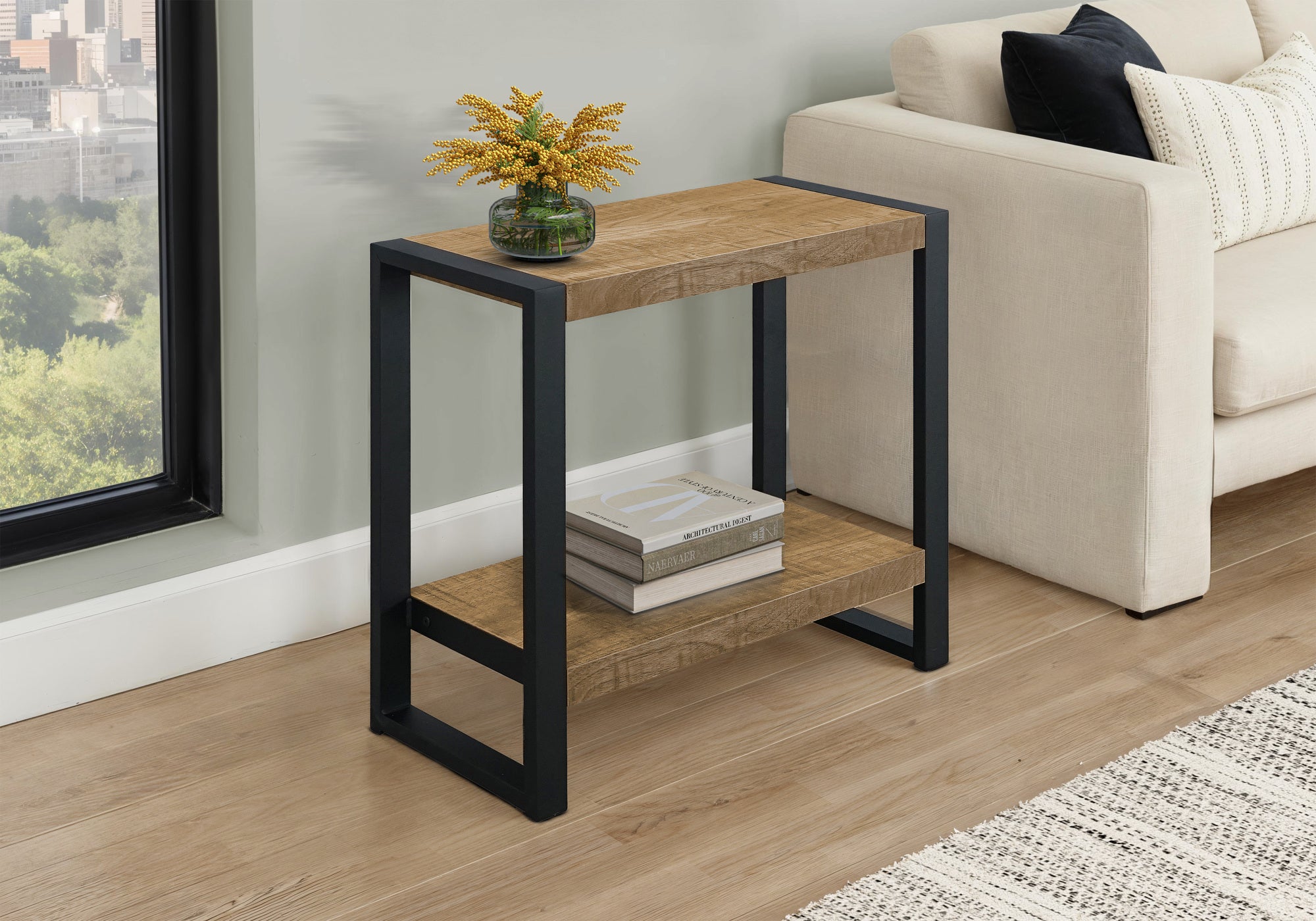 MN-452882    Accent Table, 24"h, Side, End, Nightstand, Lamp, Living Room, Bedroom, Mango Wood-look Laminate, Black Metal, Contemporary, Modern