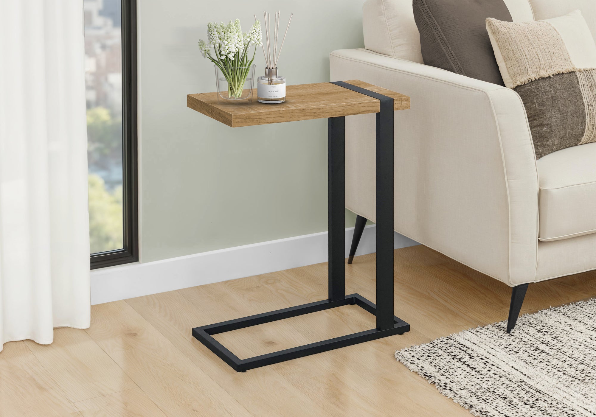 MN-462883    Accent Table, 25"h, C-shaped, End, Side, Snack, Living Room, Bedroom, Mango Wood-look Laminate, Black Metal, Contemporary, Modern