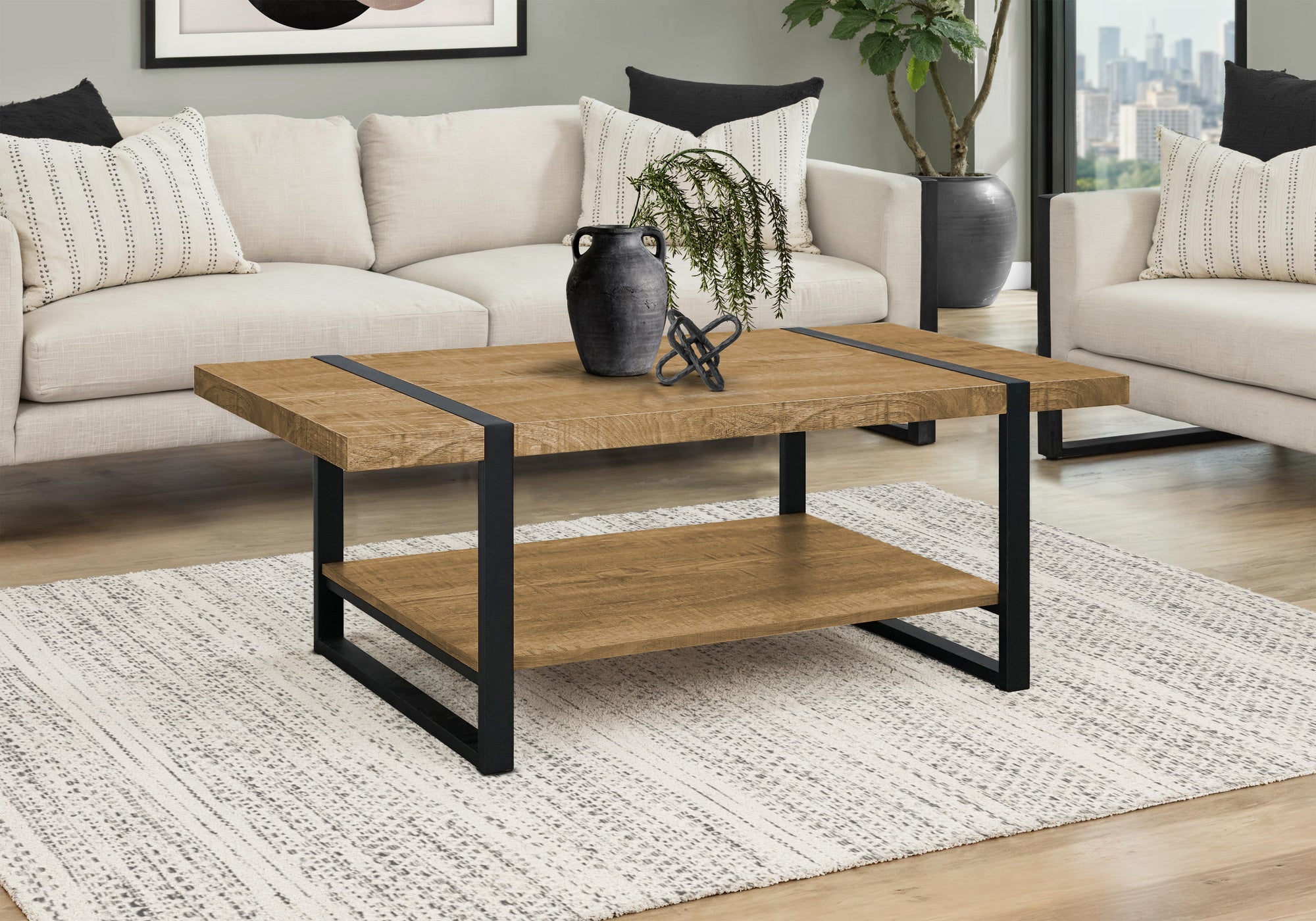 MN-472884    Coffee Table, Accent, Cocktail, Rectangular, Living Room, 48"l, Mango Wood-look, Black Metal, Contemporary, Modern