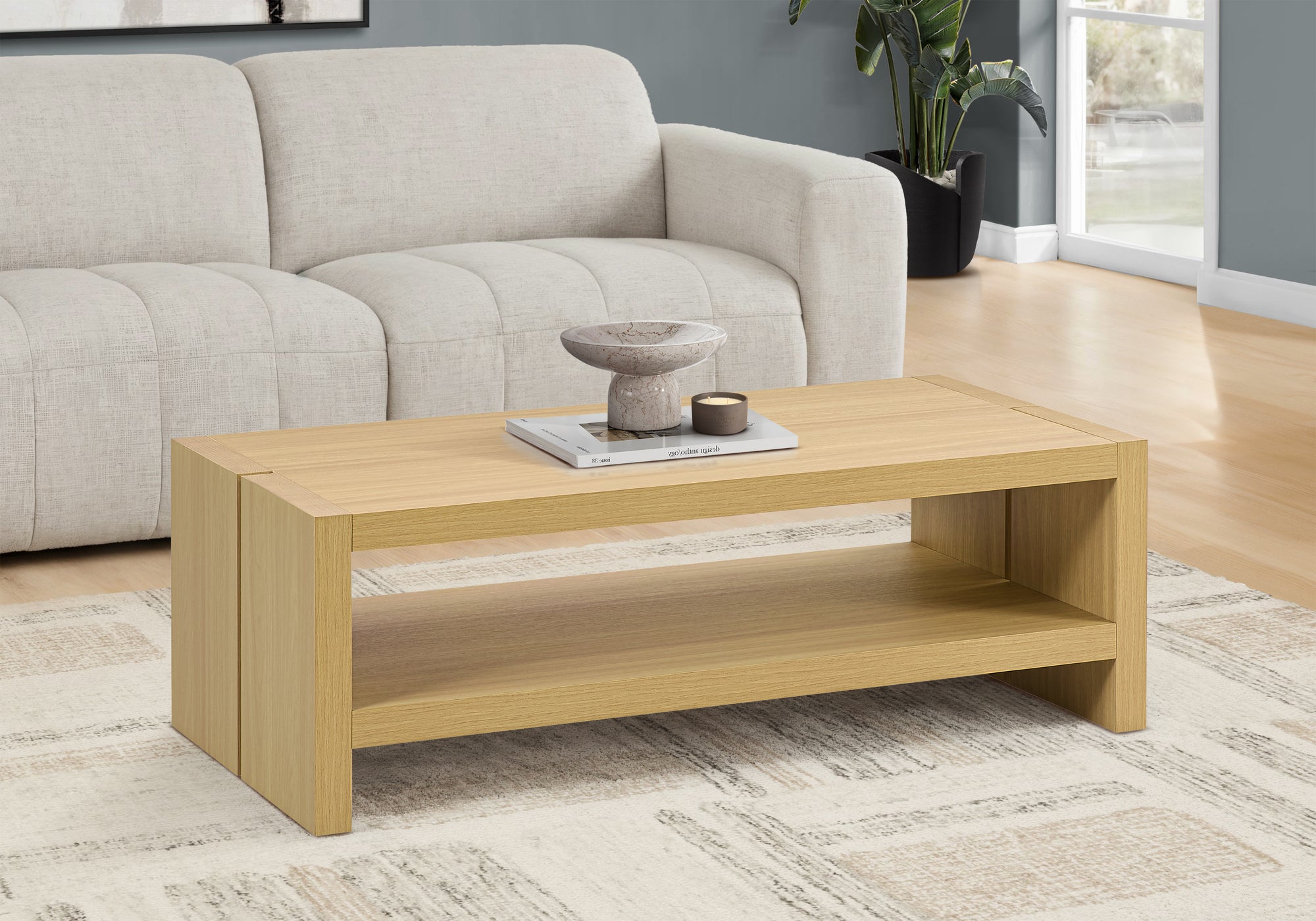 MN-562886    Coffee Table, 48"l, Cocktail, Rectangular, Living Room, Natural Oak Laminate, Contemporary, Modern