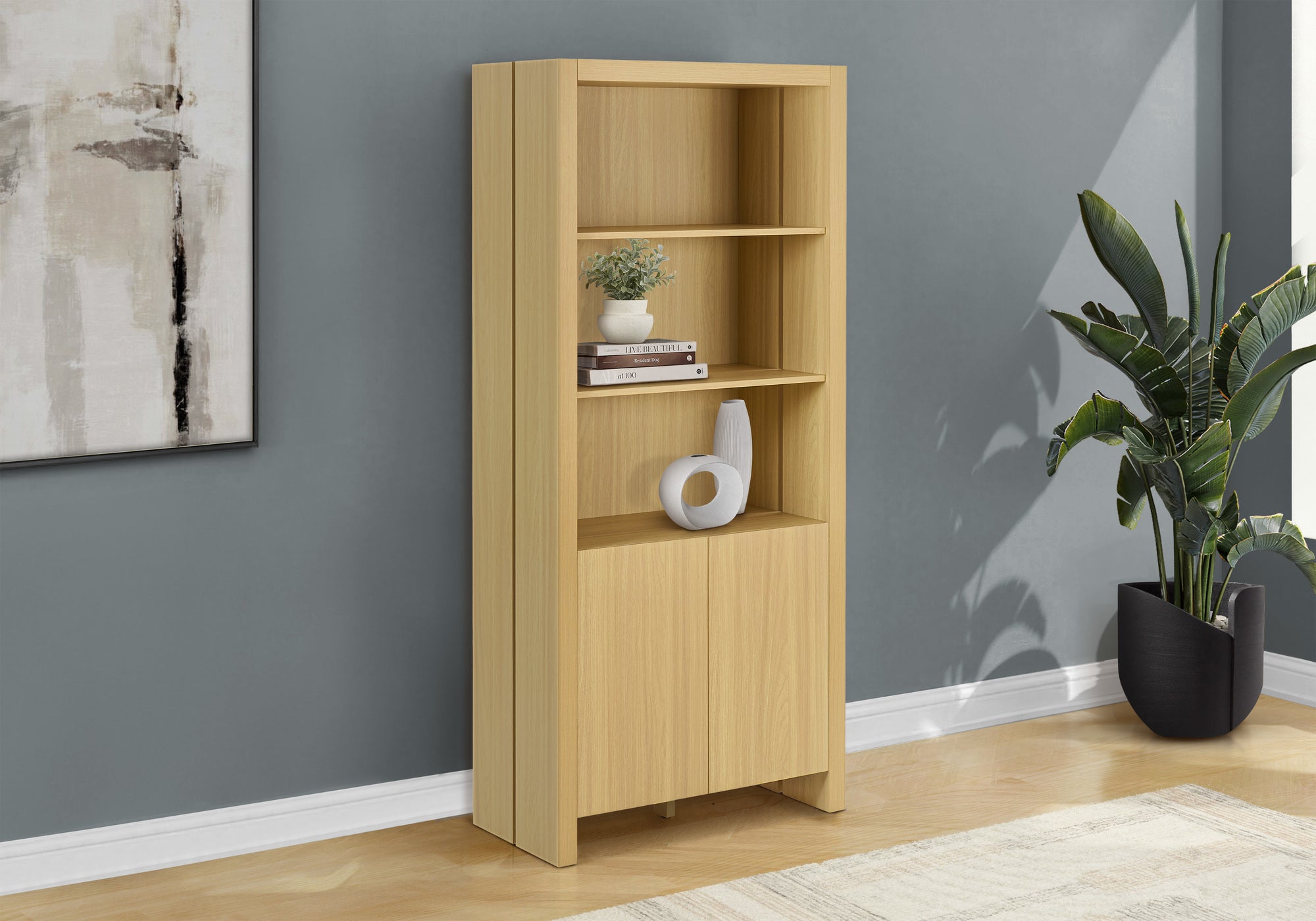 MN-582888    Bookcase, 72"h, Storage Cabinet, Etagere, Bookshelf, Bedroom, Living Room, Office, Natural Oak Laminate, Contemporary, Modern
