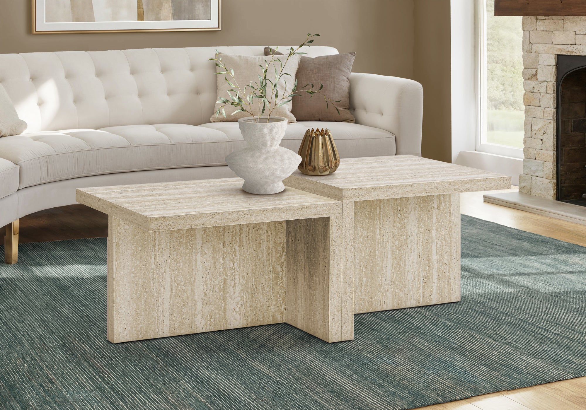 MN-602891    Coffee Table, 48"l, Cocktail, Rectangular, 2 Tier, Living Room, Travertine Stone-look Laminate, Contemporary, Modern