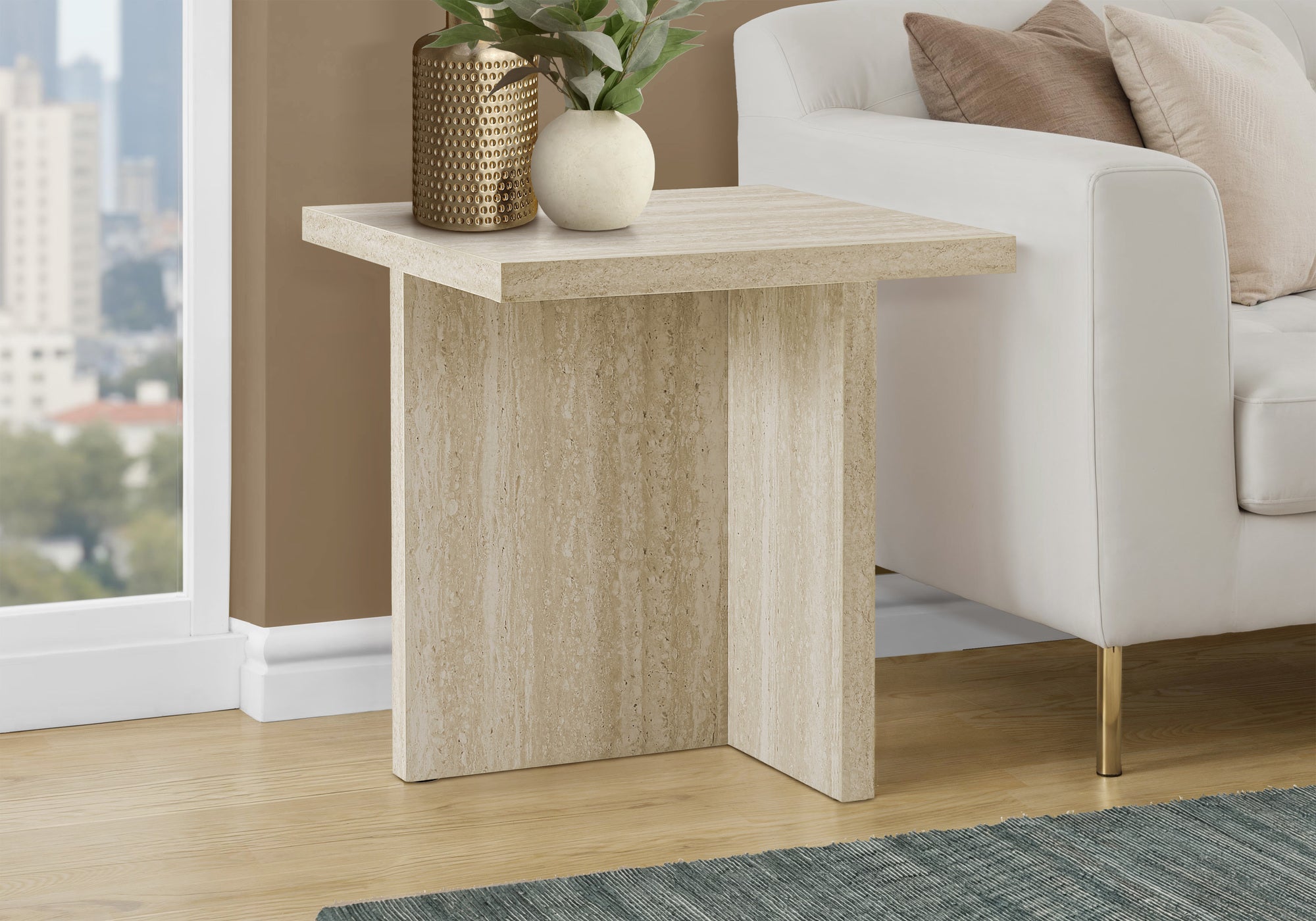 MN-612892    Accent Table, 24"h, End, Side Table, Living Room, Nightstand, Bedroom, Travertine Stone-look Laminate, Contemporary, Modern