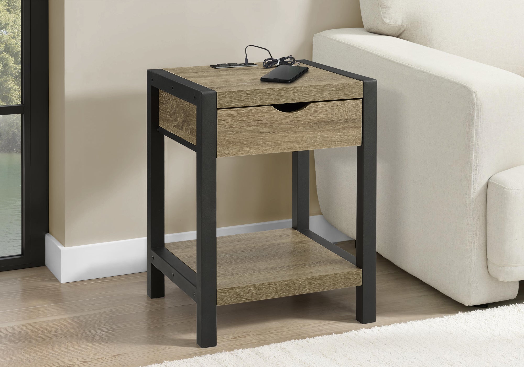 MN-963200    Accent Table, 24"h, 2 Tier, End, Side Table, Nightstand, Lamp, Storage Drawer, Dark Taupe Laminate, Black Metal, Contemporary