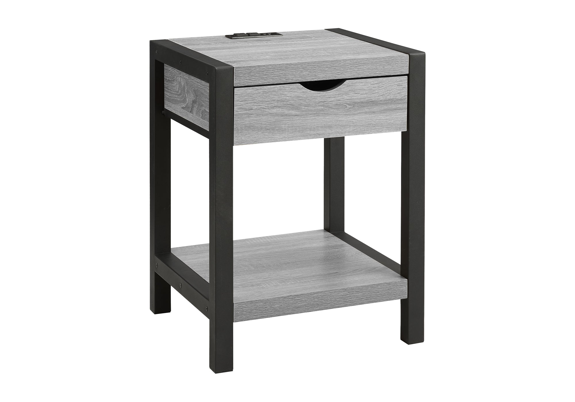 MN-A983201    Accent Table, 24"h, 2 Tier, End, Side Table, Nightstand, Lamp, Storage Drawer, Grey Laminate, Black Metal, Contemporary