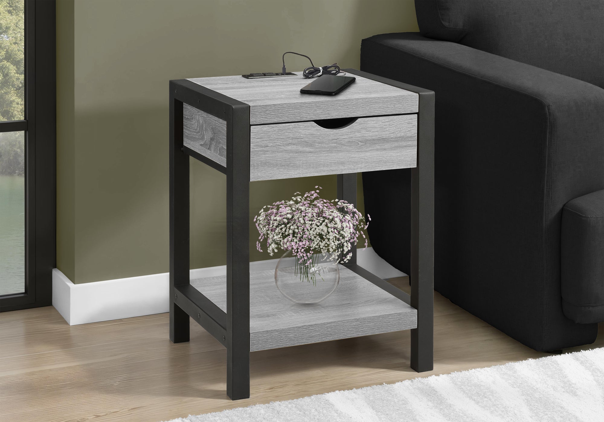 MN-A983201    Accent Table, 24"h, 2 Tier, End, Side Table, Nightstand, Lamp, Storage Drawer, Grey Laminate, Black Metal, Contemporary