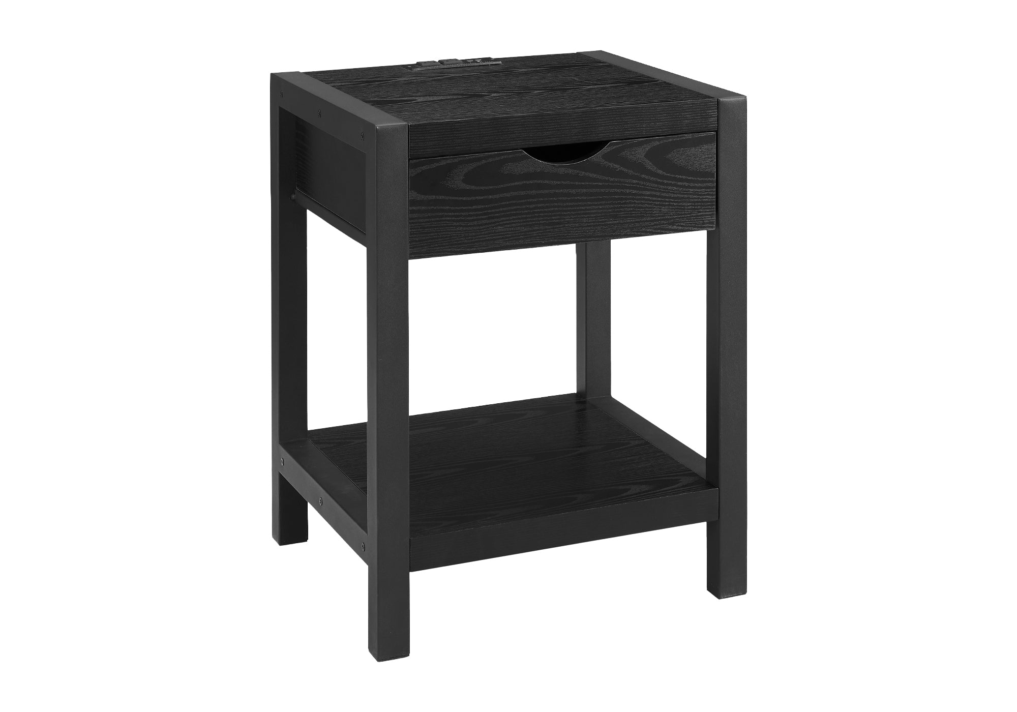 MN-A983202    Accent Table, 24"h, 2 Tier, End, Side Table, Nightstand, Lamp, Storage Drawer, Black Oak Laminate, Black Metal, Contemporary