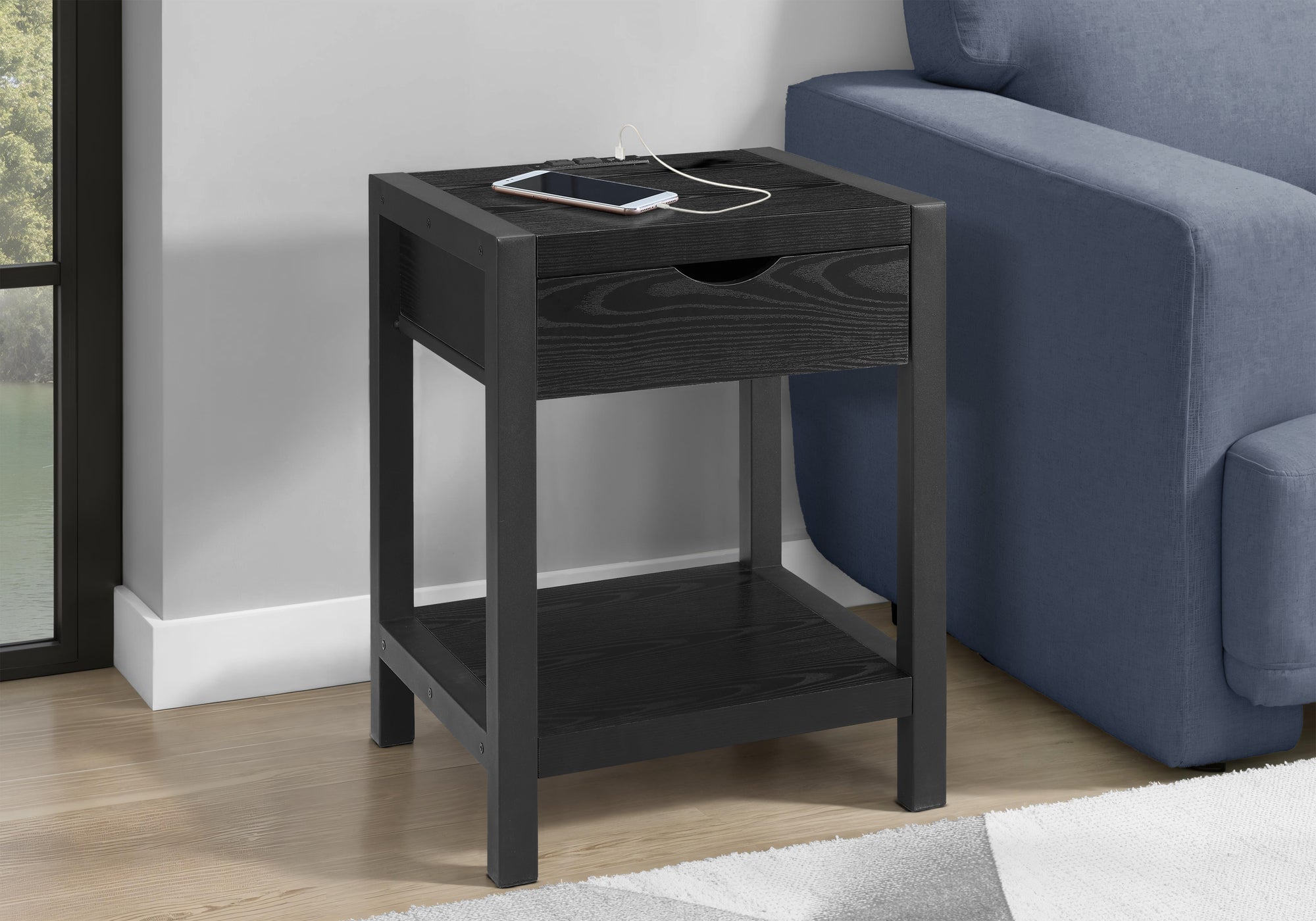 MN-A983202    Accent Table, 24"h, 2 Tier, End, Side Table, Nightstand, Lamp, Storage Drawer, Black Oak Laminate, Black Metal, Contemporary
